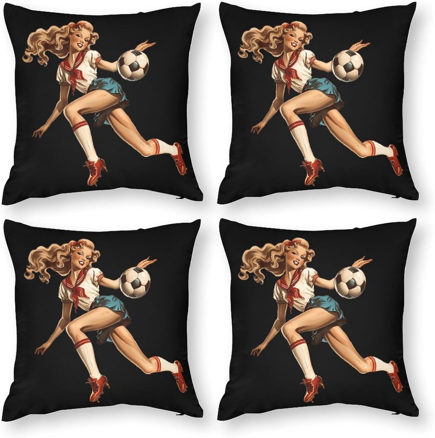 Vintage Pinupgirl Playing Soccer Printed Throw Pillow Case 4 Pcs Soft Pillowcases Pillows Covers Sofa Bed Decor 12/14/16/17/18/20/22/24/32 Inches
