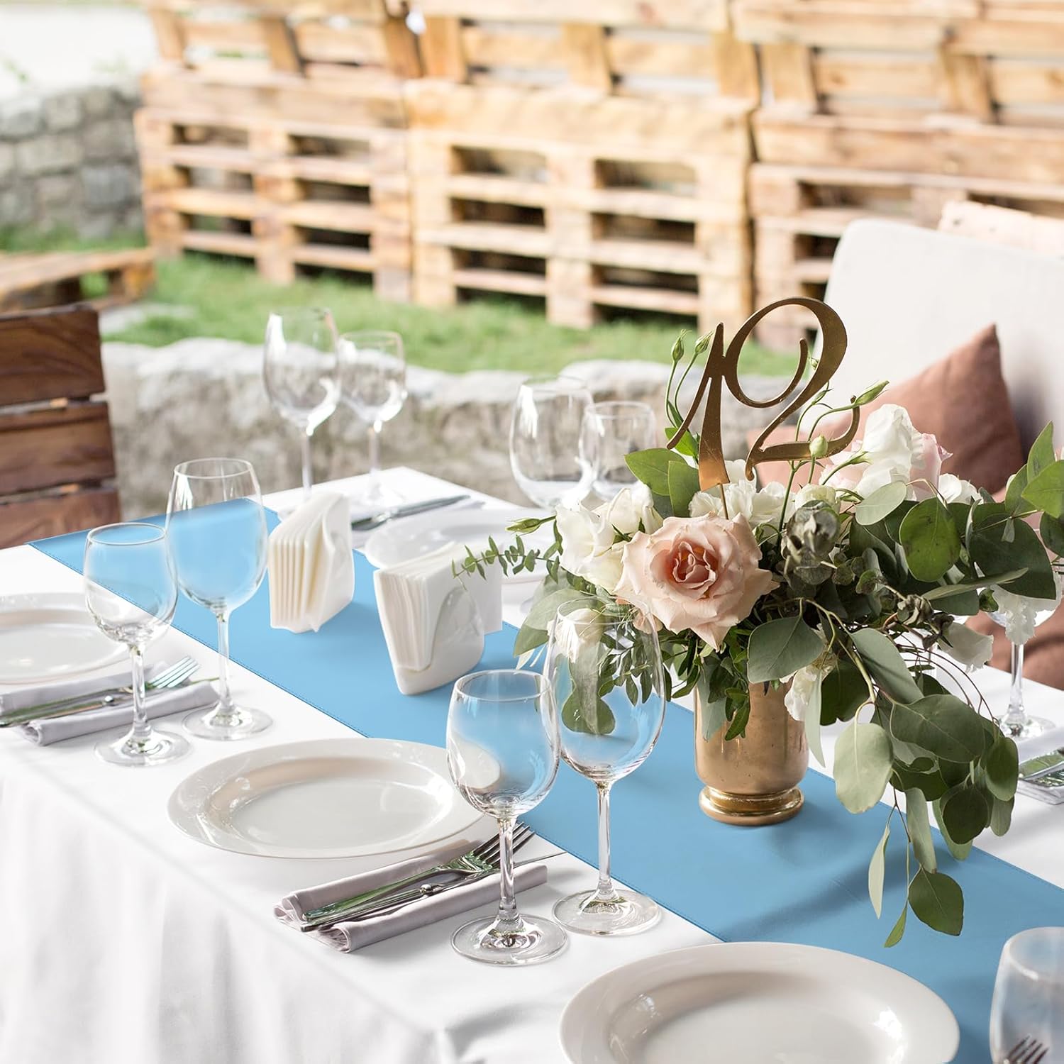 12Pack 12x108 Inch Satin Table Runner and 54x108Inch Plastic Tablecloths White Light Blue Disposable Rectangle Table Cover for Graduation Wedding Bridal Shower Anniversary Birthday Party Decorations