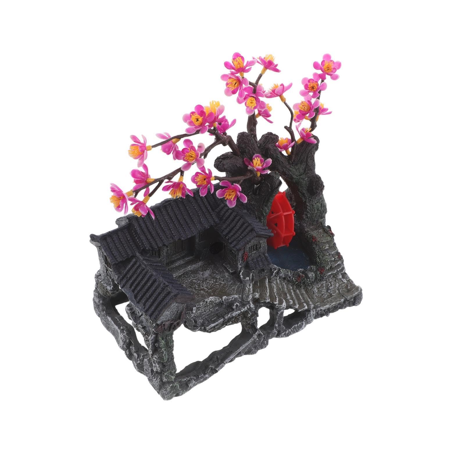 COLLBATH Realistyczna Dekoracja Do Akwarium z Żywicy Miniaturowy Domek i Skały Naturalny Krajobraz Podwodny Ozdoba Do Akwarium Bezobsługowa Imitacja Górskiego Pejzażu z Drzewem Plumeria
