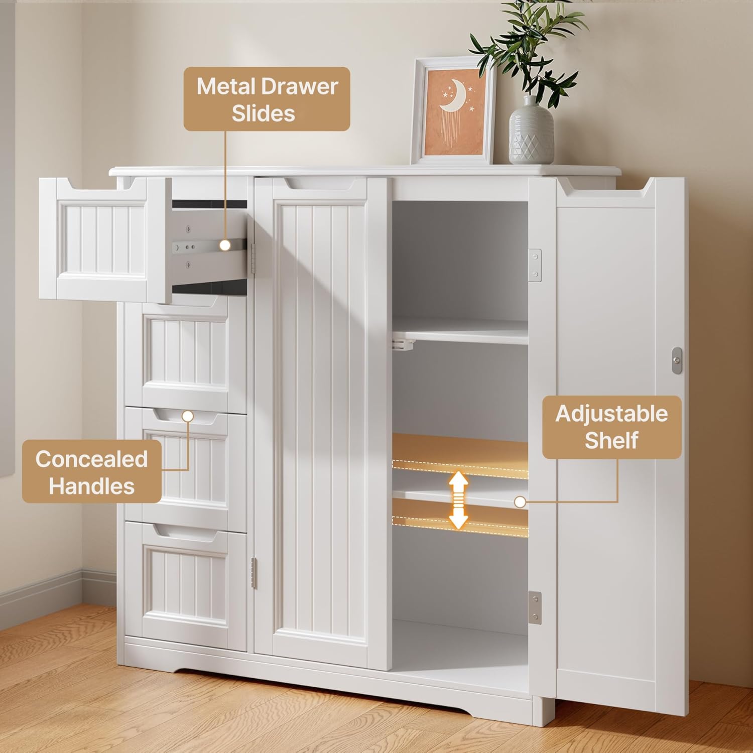 Gizoon Storage Cabinet, White Bathroom Storage Cabinet with 4 Drawers & Double Doors, Adjustable Shelf, Modern Floor Cabinet for Bathroom, Kitchen, Living Room, Entryway, White