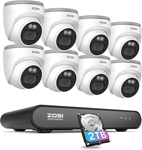 ZOSI C220 8CH 4MP QHD 2.5K PoE Sistema de cámara de seguridad para el hogar, 8CH 5MP 3K NVR con 2TB HDD para grabación 247, 8 cámaras IP domo de 4MP