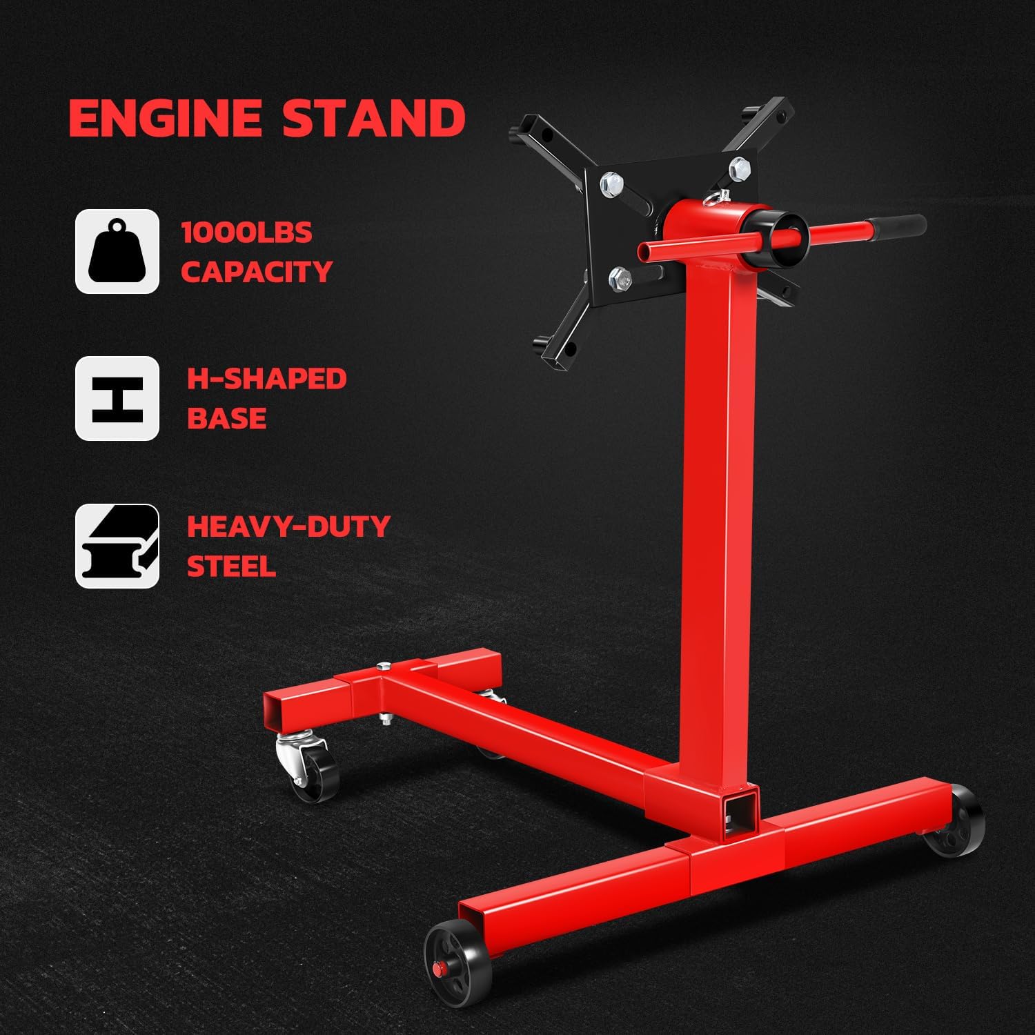 DNA Motoring 360 Degree Rotating Head Engine Motor Stand 1000Lb Capacity with 4-Casters, 4 Adjustable Arms, Red, TOOLS-00324