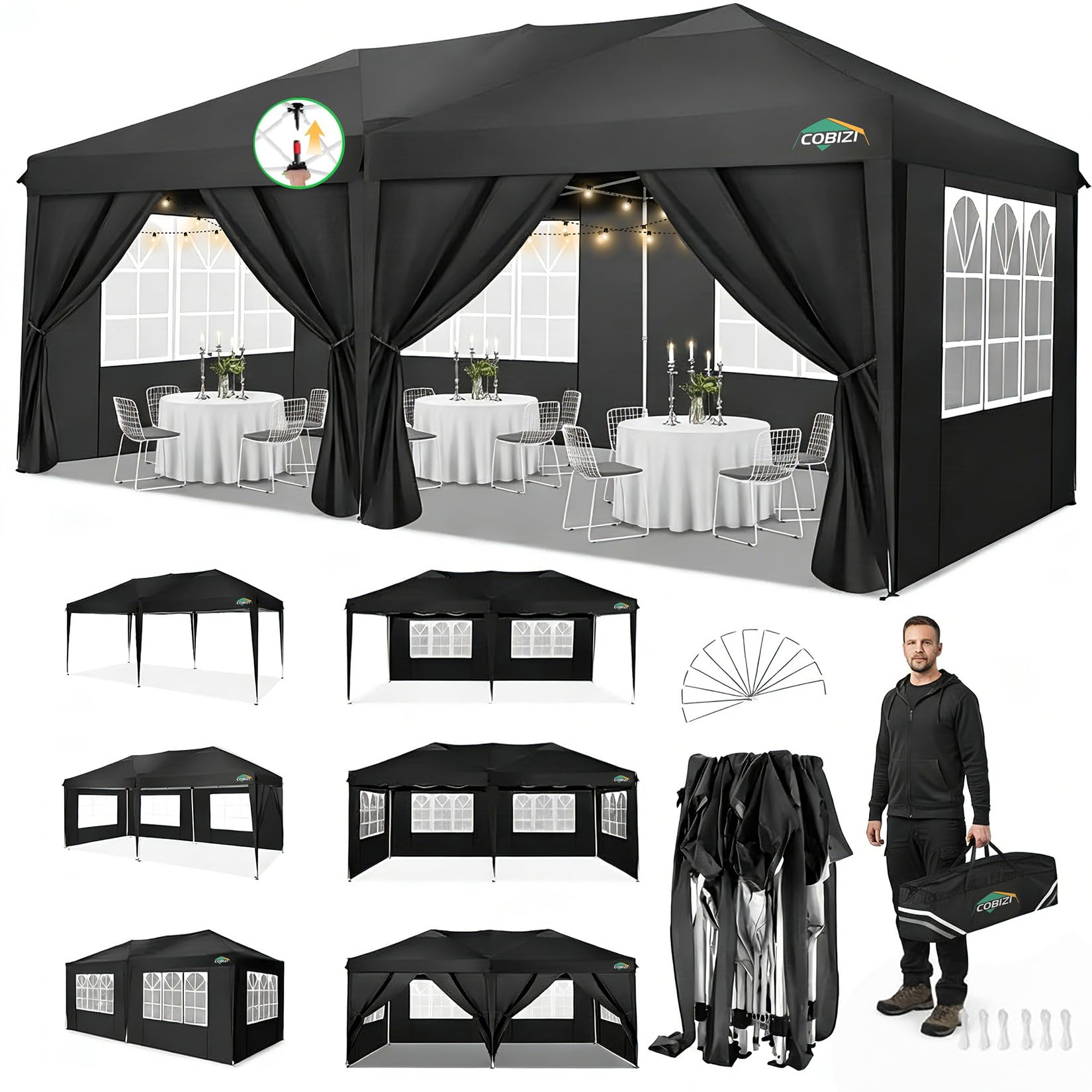 Photo 1 of COBIZI 10x20 Pop Up Canopy Tent Commercial Instant Shelter with 6 Sidewalls, Durable Waterproof Portable Gazebo UPF 50+ for Outdoor Party, Wedding, Vendor Events (Black)