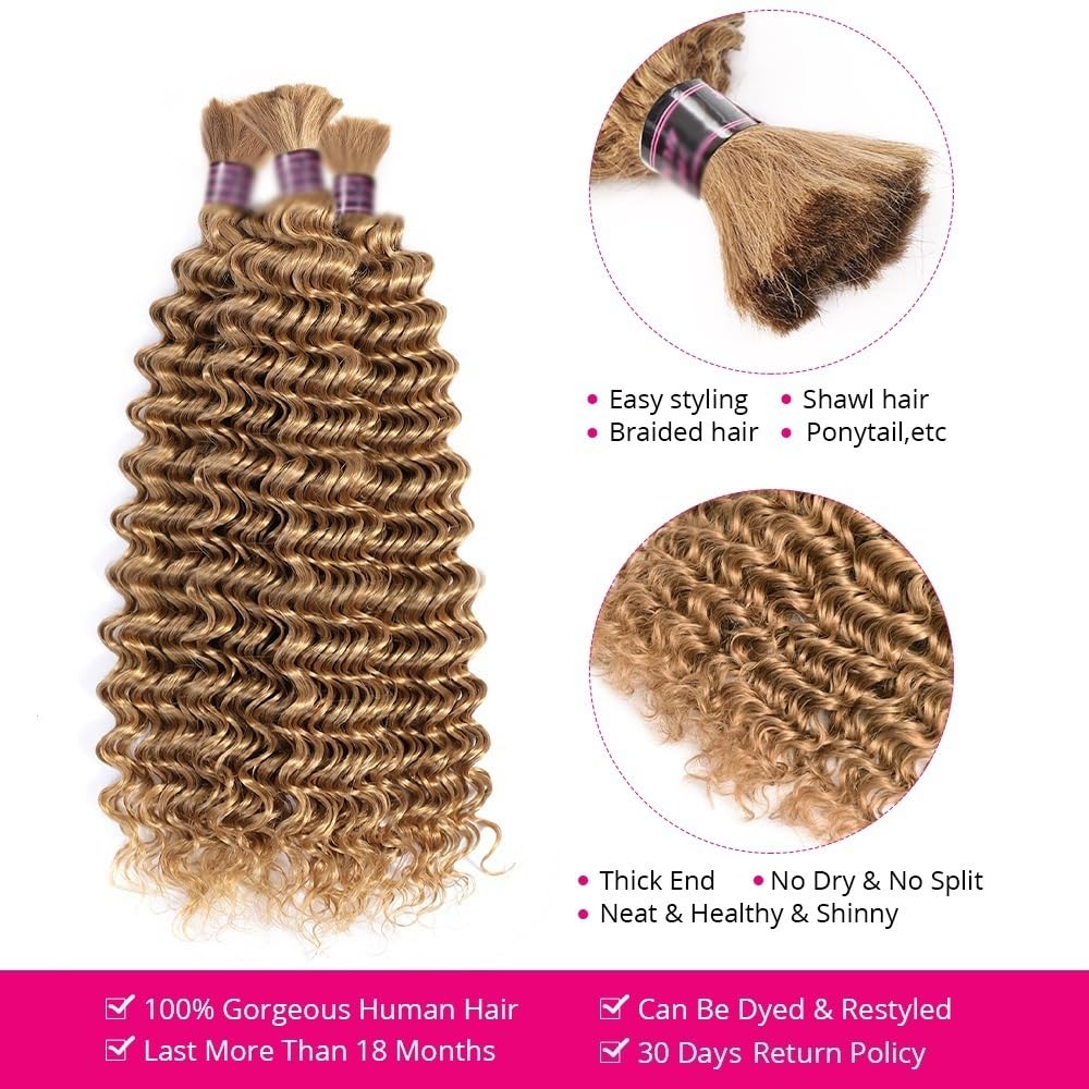 Splatanie włosów 27# Miodowo-blond włosy ludzkie do warkoczyków boho bez osnowy głębokie fale przedłużanie włosów Kobieta(24inches)