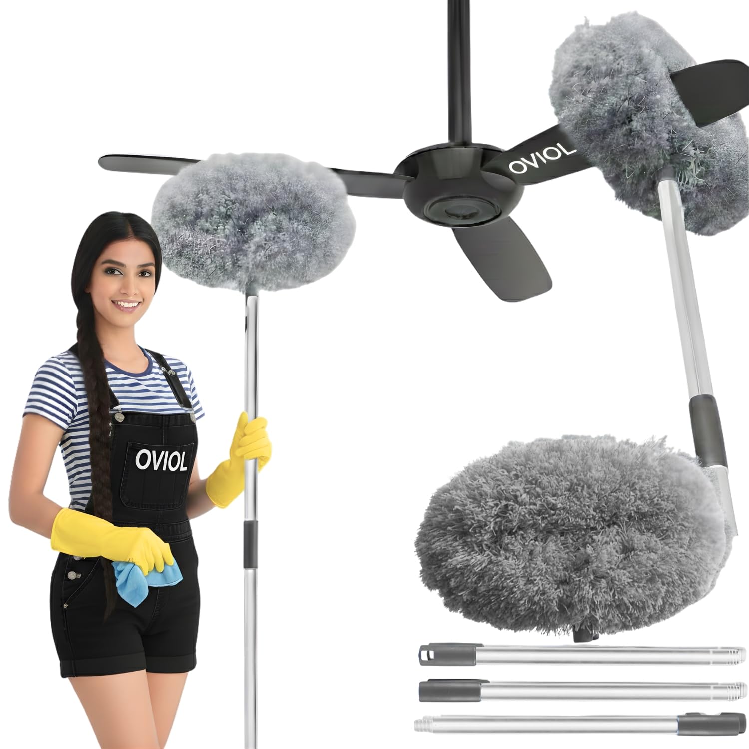 OVIOL Fan Cleaner Brush with Long Rod Flexible Fan Cleaning Mop Microfiber Dust Cleaner Foldable Duster for Home Cleaning Microfiber Duster Cleaning Home, Kitchen, Car, Ceiling(Grey)-image-7