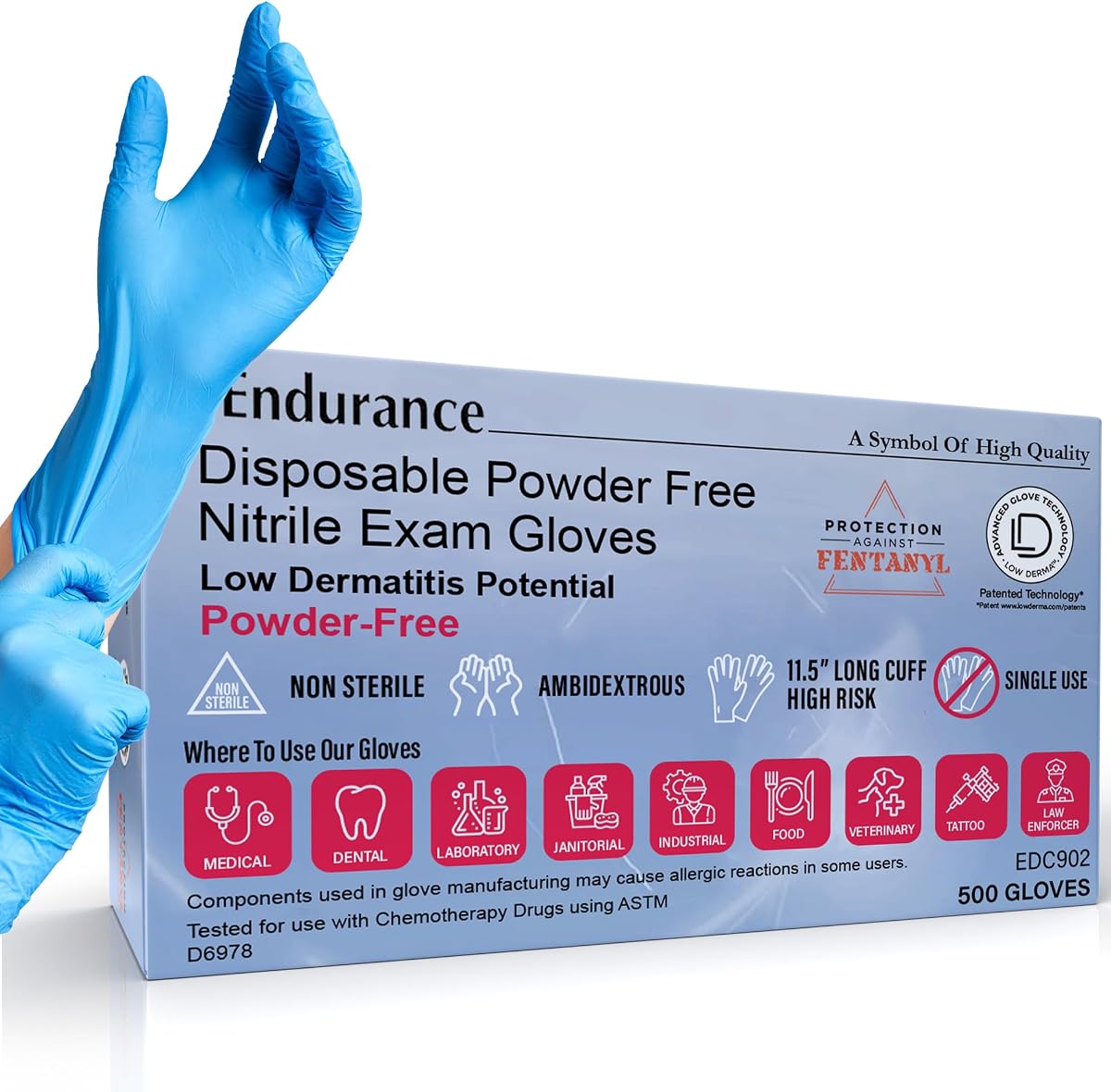 Endurance Blue Nitrile Gloves Heavy-Duty Long Cuff Low Dermatitis | 11.5 Inch Disposable Medical Exam Nitrile Gloves, Powder & Latex Free, Non Sterile, Chemo-Rated, High Risk, Single Use, 8 Mil