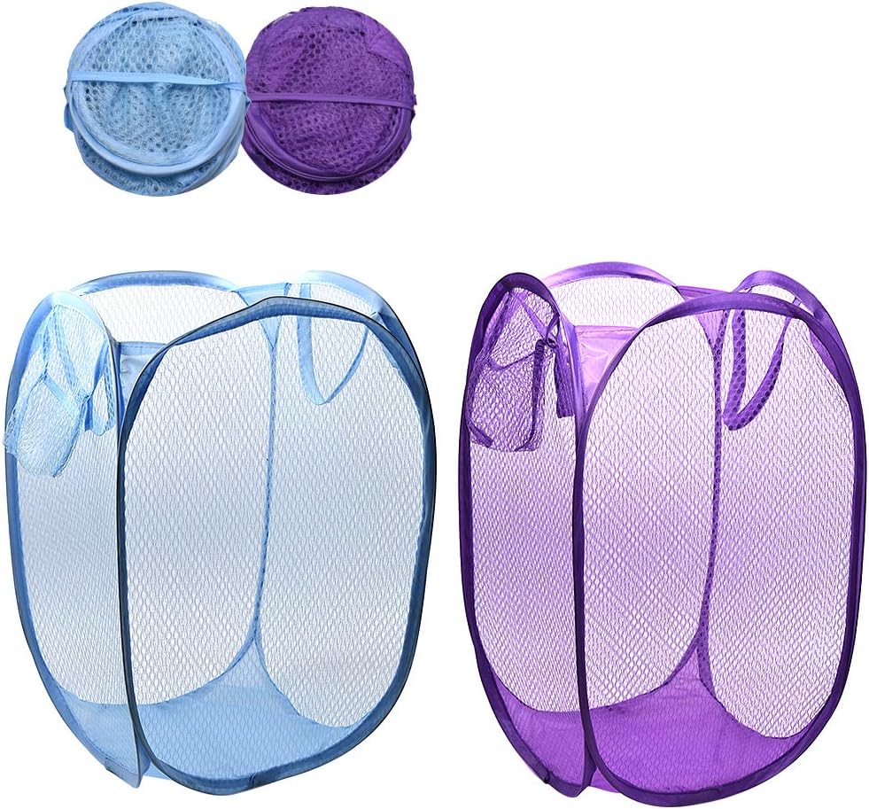 RZJZGZ Foldable Pop-Up Mesh Laundry Hamper with Side Pocket Clothes Laundry Basket Storage Bag with Carry Handles for Dirty Clothes (2 Pack)