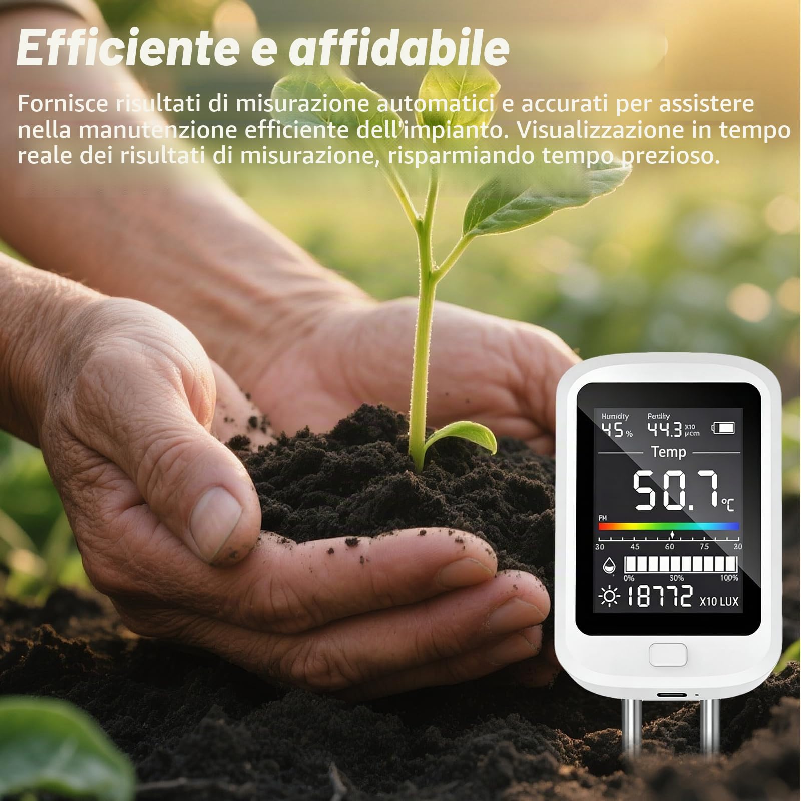 PORFOYO Tester PH Sol 6 in 1, tester di umidità e valore PH digitale con temperatura, luce, fertilità, display LCD per giardino, fattoria, prato e piante