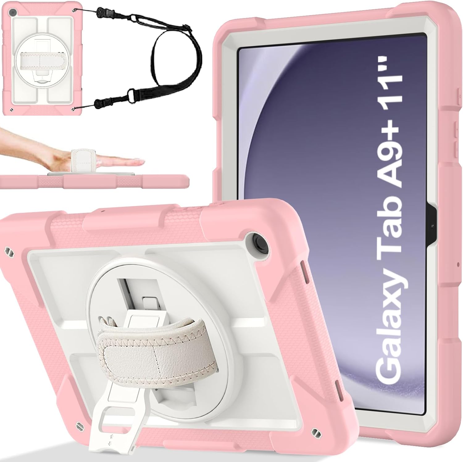 BMOUO for Samsung Galaxy Tab A9+/A9 Plus Case 11" 2023 (SM-X210/X216/X218), Shockproof Galaxy Tab A9 Plus Case with Rotating Stand and Hand/Shoulder Strap, Pink