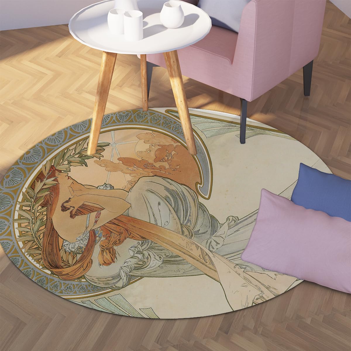 Vintage Lady Pattern Rundteppich 80cm Waschbare Teppiche | Nordischer Stil Eleganter Teppich, rutschfeste weiche fleckenresistente Teppiche für Schlafzimmer, Wohnzimmer, Foyer