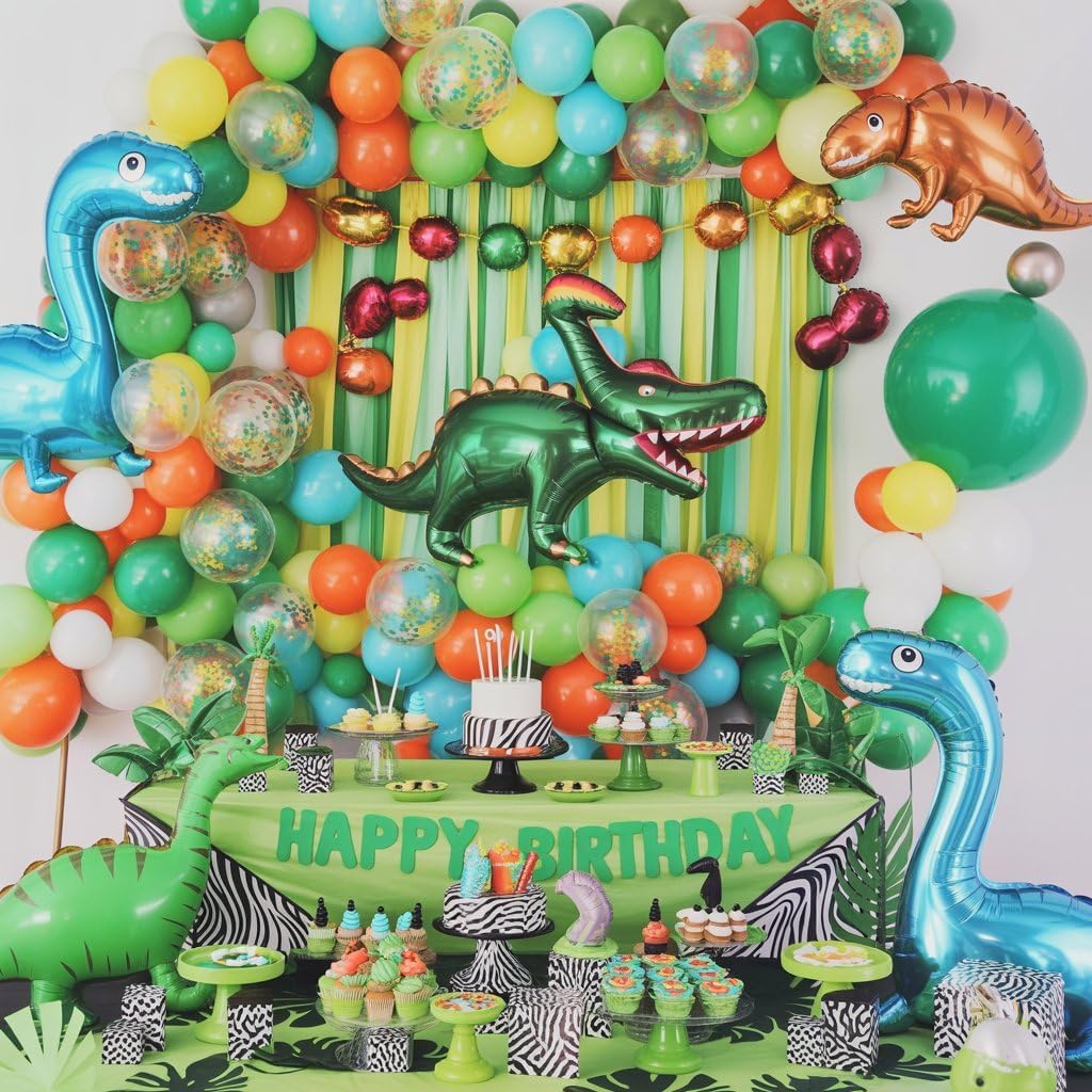 Dinosaur Balloons, 12 Inch Dark Green Teal and Orange Balloons, Metallic Gold Fruit Green Gold Confetti Balloon with Ribbons for Boys Baby Shower Jungle Safari Birthday Party Decorations - Image 5