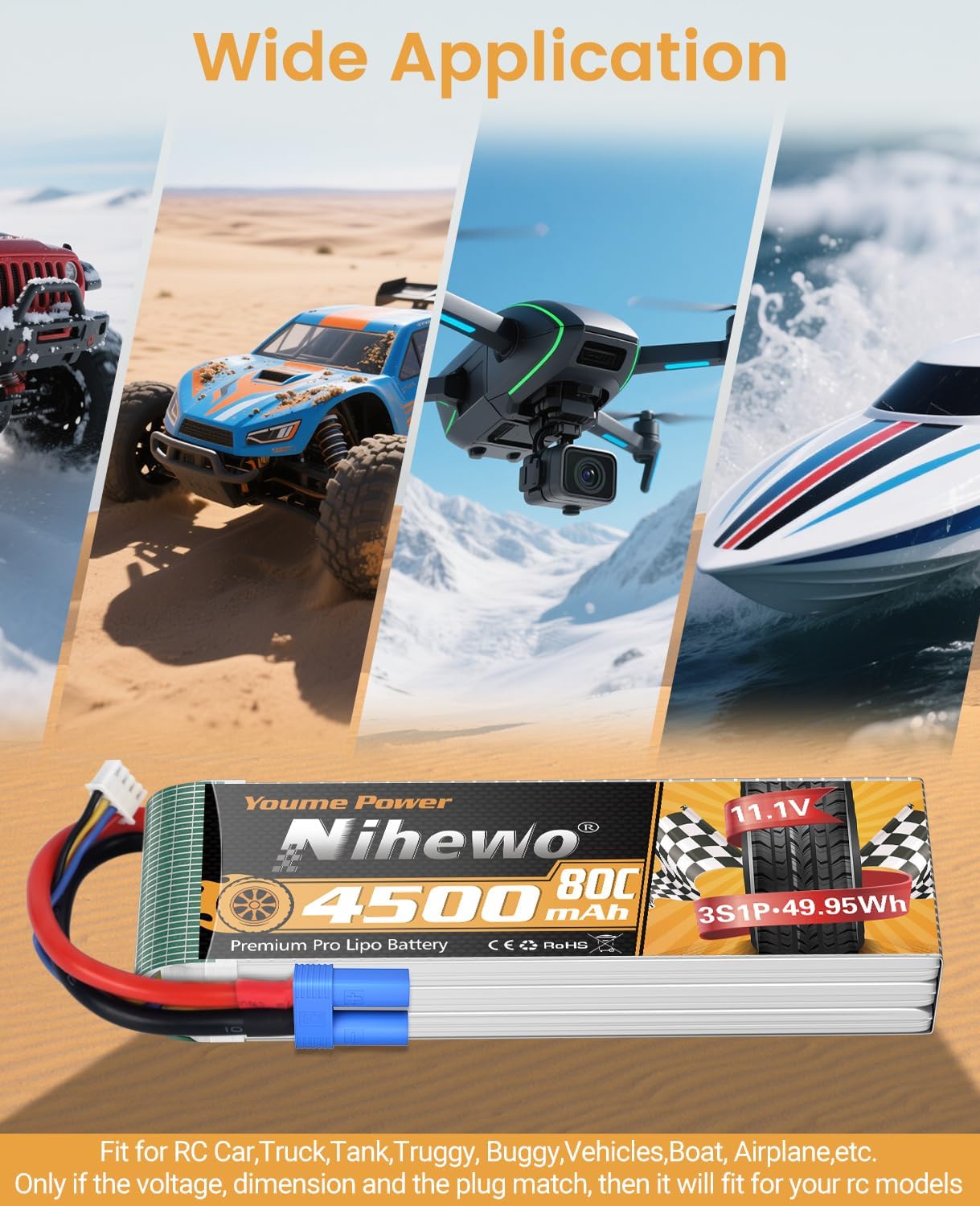 11.1V Lipo Battery 4500mAh 3S RC Lipo Batteries 80C with EC5 Plug Soft Case for 1/10 RC Car/Truck/Vehicle/Buggy RC Airplane Aircraft Quadcopter Drone Boat Robot Models(2 Packs)