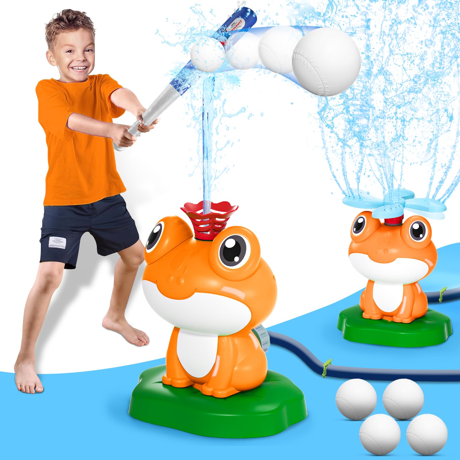 2-in-1 Water Sprinkler Baseball Toy for Kids Outdoor Play, 360° Rotating Spray and 2 Sprinkler Heads for Splashing and T-Ball Games, Summer Backyard Lawn Activities for Toddler Ages 3+ (Orange)
