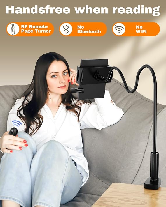 Premium Adjustable Tablet Holder with Remote Page Turner Versatile Kindle Holder & Stand for Reading in Bed, Desk, Treadmill Compatible with Kindle Paperwhite, Oasis, iPad, Smartphones & More