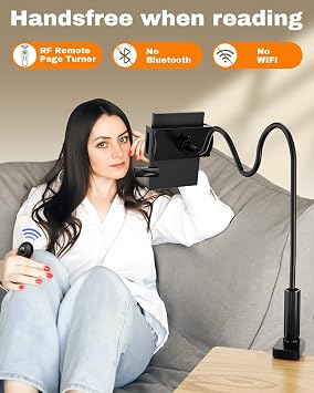Premium Adjustable Tablet Holder with Remote Page Turner Versatile Kindle Holder & Stand for Reading in Bed, Desk, Treadmill Compatible with Kindle Paperwhite, Oasis, iPad, Smartphones & More