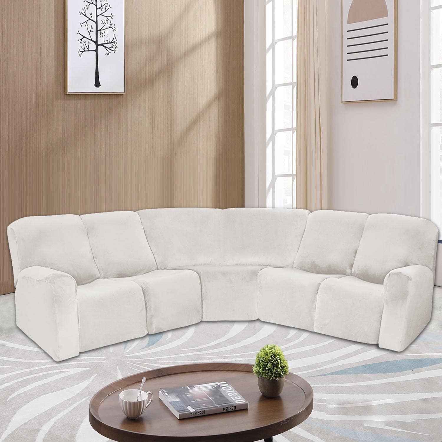 ele ELEOPTION 5 Seater Sectional Recliner Cover, 7-Pieces Recliner Sofa Covers, Corner Reclining Sofa L-Shaped Sectional Couch Slipcovers Furniture Protector Thick Soft Washable (White Teeth)