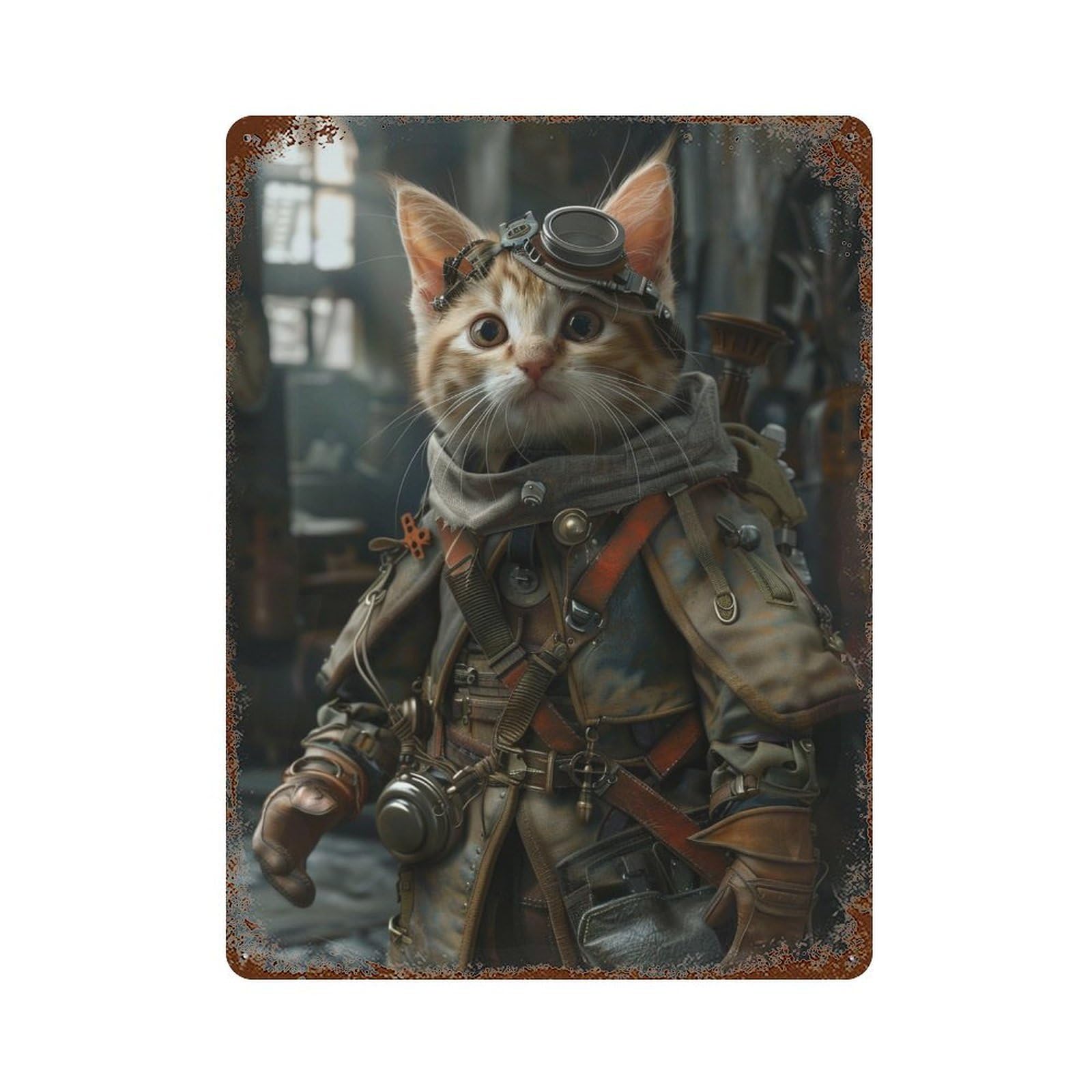Steampunk Cat Explorer Gear 15.7"x11.8" Aged Metal Wall Plaque, Vintage Wall Decor for Bistro, Counter And Cafe Decor