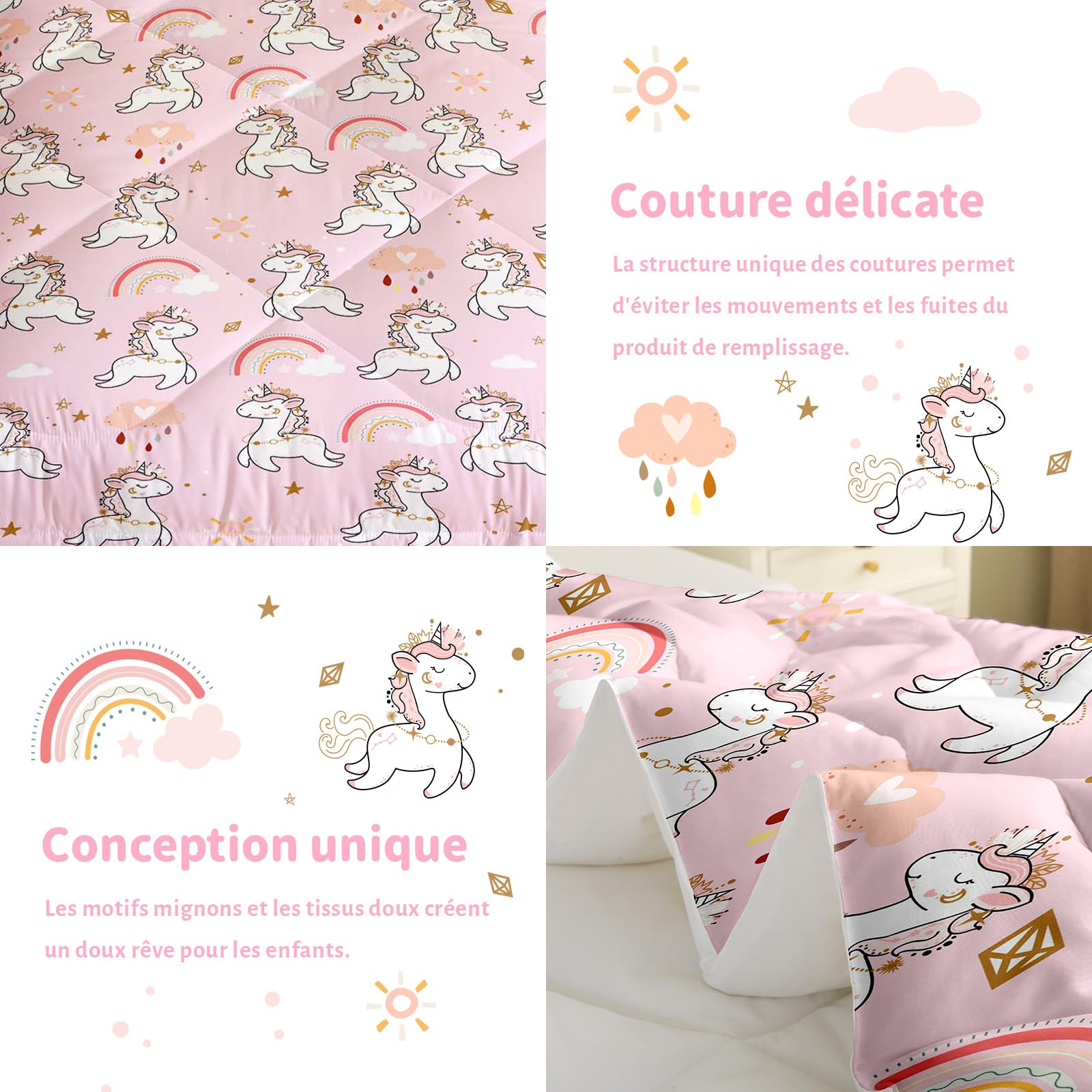 Couette Licorne 2pc Fille Tempérée pour lit 1 Personne-100% Microfibre -Enfant 4 Saisons et 140 x 200 cm+ 1 Taie d'oreiller 65x65 cm - Sac Cadeau