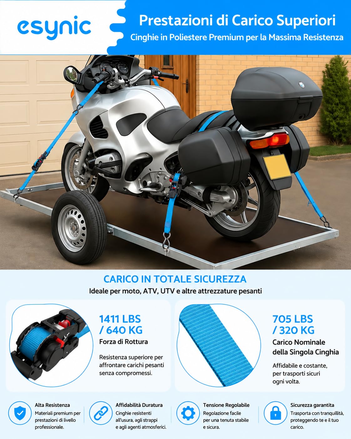 eSynic 4PZ Cinghie a Crichetto 3.5m Ritrattibili Automatico Carico 320KG, Set Cinghia di Ancoraggio Avvolgitore per Trasporto Moto Attrezzature con Gancio a Molla con Blocco, Incluse Fasce Prolunghe