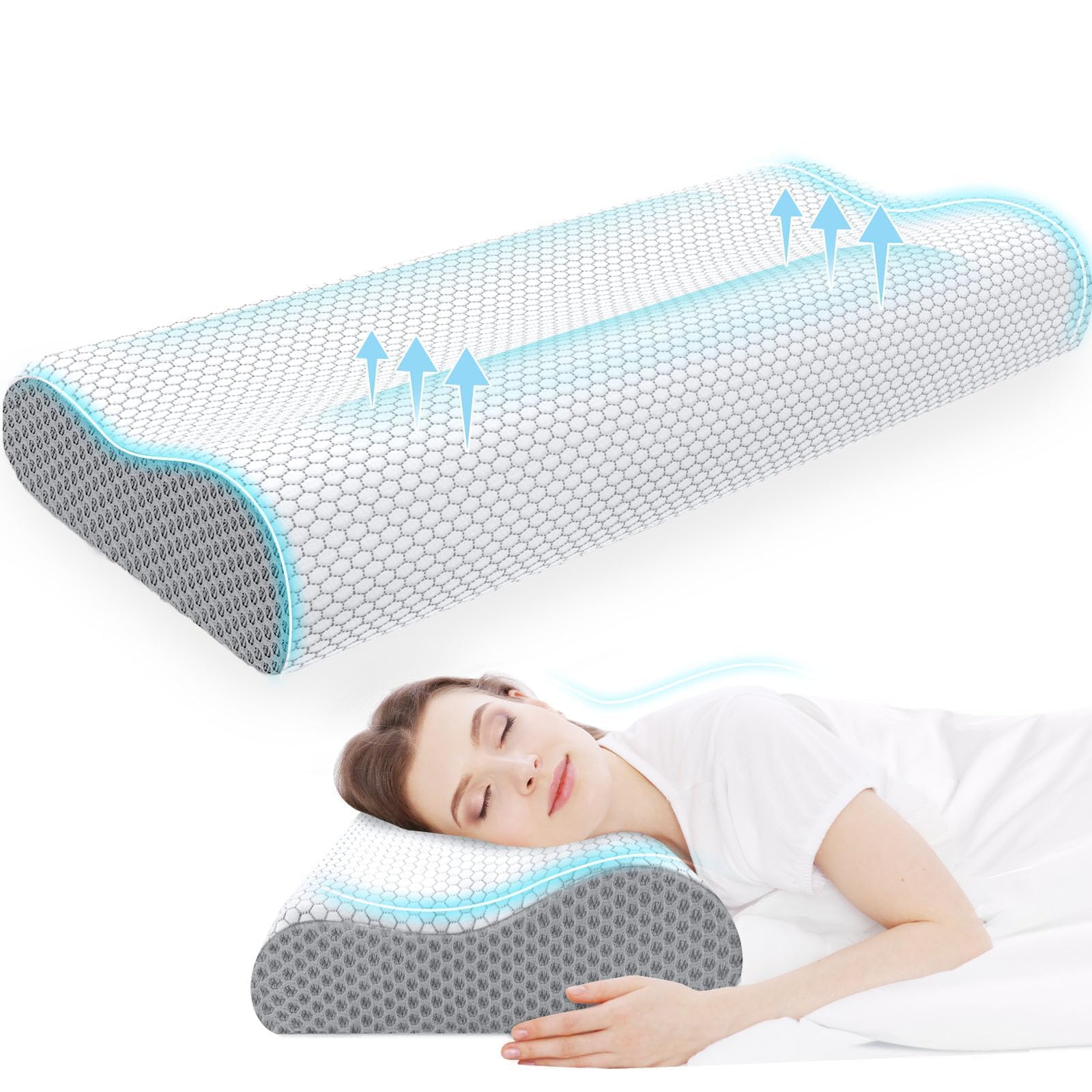 Neck Pillow for Sleeping, Ergonomic Cervical Bed Pillow, Grey King Size