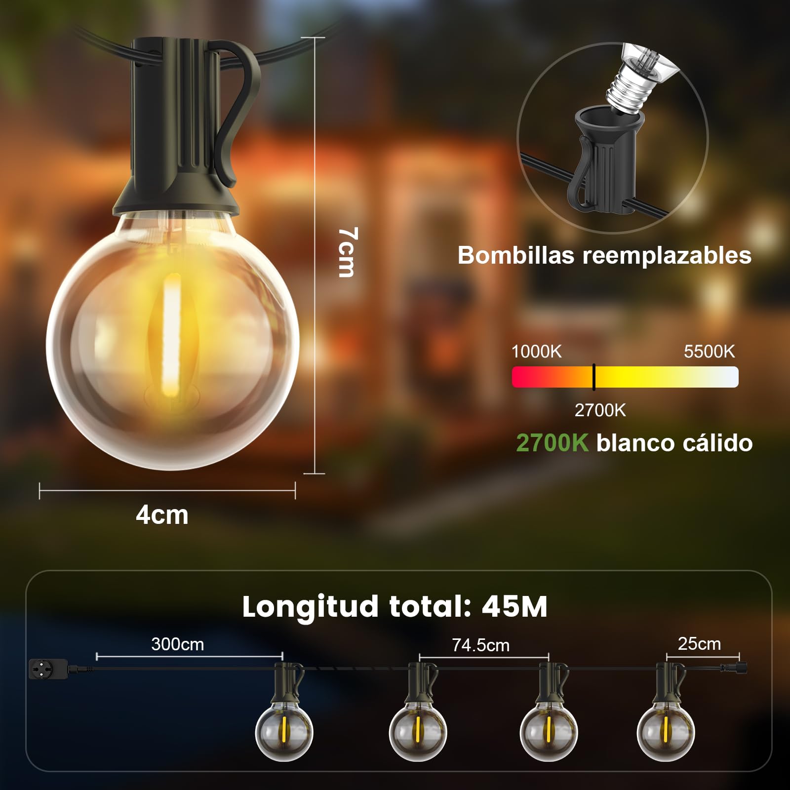Yuusei Guirnalda Luces Exterior, Luces LED 45,7M Con Regulador Intensidad | de Impermeable IP45 & 2700K Blanco Cálido, Bombillas 58+2 G40 Irrompibles Luz para Jardin, Decoracion, Terraza, Pergolas