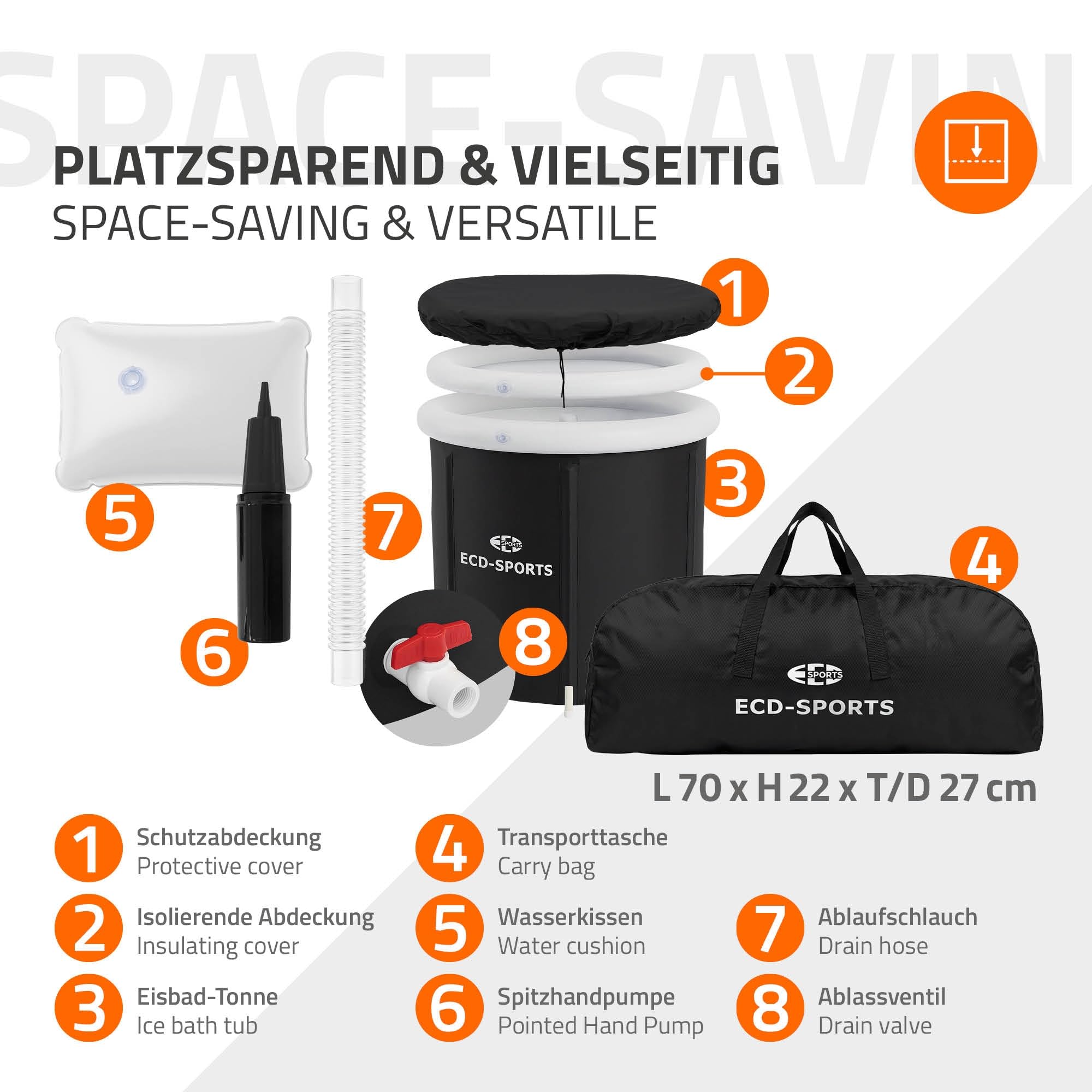 ECD Germany Vasca per Bagno di Ghiaccio Ø80 cm, Pieghevole, Set Completo con Isolamento, Vasca per Immersione 350L, Tinozza per Terapia del Freddo e Crioterapia, Portatile per Interno ed Esterno