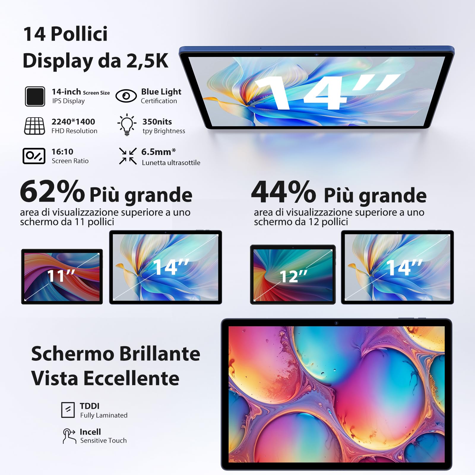 MAXLEGEN Android Tablet 14 Pollici, 2,5K Incell Display, 36GB RAM+256GB ROM(TF 1TB), 4G LTE+5G WiFi Tablets con Octa Core/4 altoparlanti/20W/11580 mAh/BT5.0/GMS/GPS, Pen/custodia/auricolare Inclusa