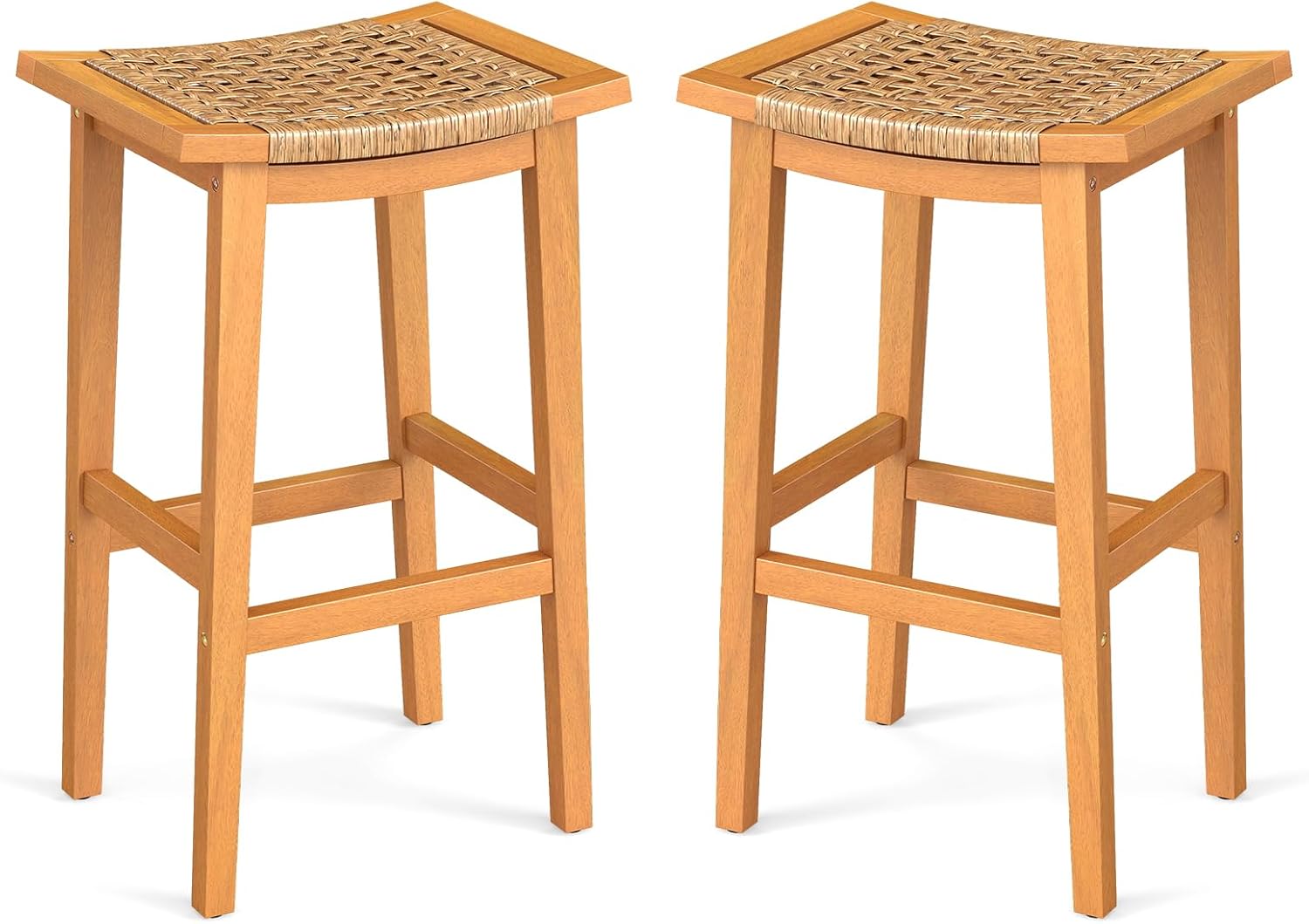 Giantex Outdoor Wooden Bar Stools Set of 2, 29" Backless Patio Barstools with PE Rattan Saddle Seat & Footrest, Solid Acacia Wood Bar Height Stools for Porch, Garden, Backyard, Poolside, Armless