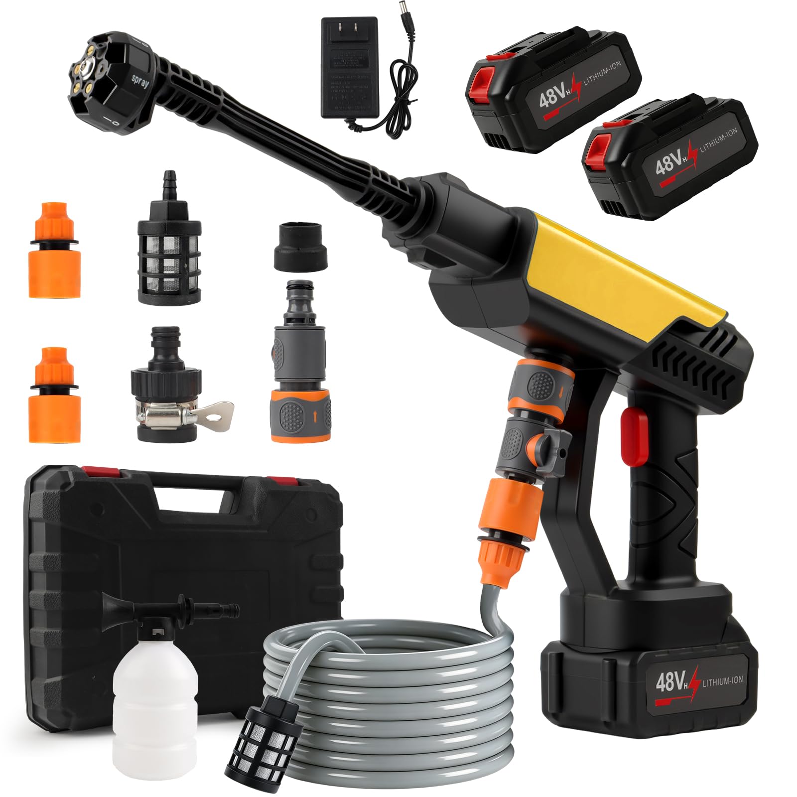 Limpiador de alta presión con batería, 990 PSI con 2 baterías, 360 l/h, 45 bares, limpiador de alta presión portátil con cargador, boquilla 6 en 1 y manguera de 16 pies, pistola portátil para coche