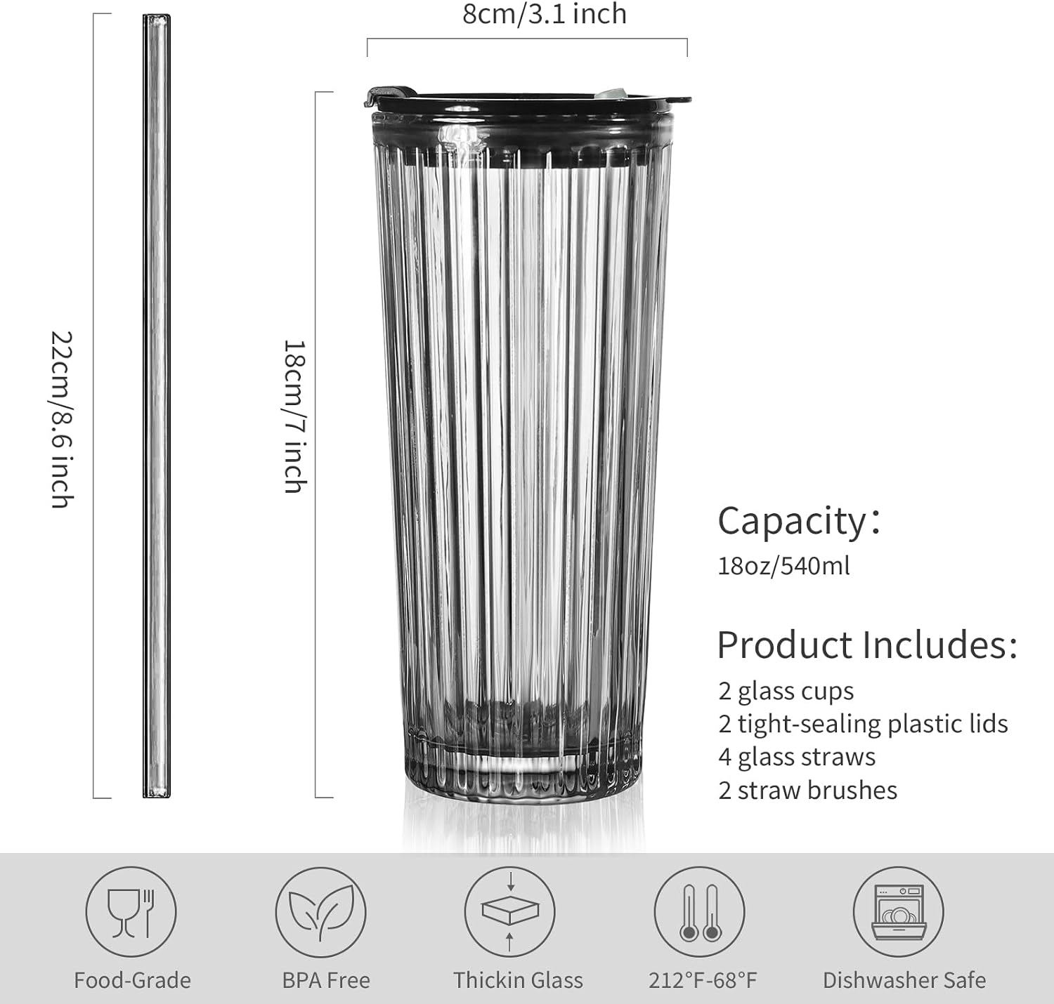 Puraville 2 Pack 18oz Glass Cups with Lids and Straws, Black