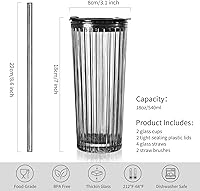 Vista 2 de Puraville Paquete de 2 vasos de vidrio de 18 onzas con tapas y pajitas, cristalería engrosada con patrón de glaciar a rayas acanaladas vintage