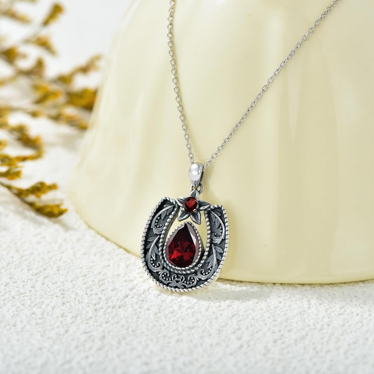 Western Style Lucky Horseshoe with Gemstone Necklace 925 Sterling Silver Retro Filigree Horseshoe Birthstone Pendant with 18+2 Inch Chain for Women