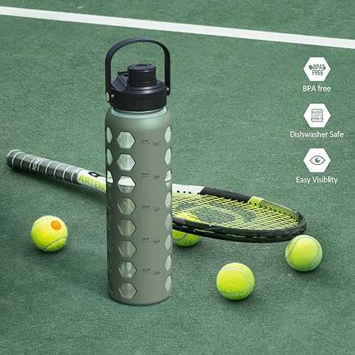 Miniatura 7 de MUKOKO Botellas de agua de vidrio de 32 onzas con 2 tapas, tapa de boquilla con asa y tapa de popote de bambú, vaso de agua motivacional