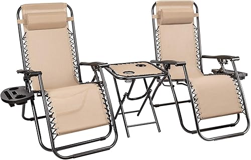 Homall Juego de 3 sillas de gravedad cero para patio, reclinables, para exteriores, sillas reclinables portátiles con mesa auxiliar (beige)