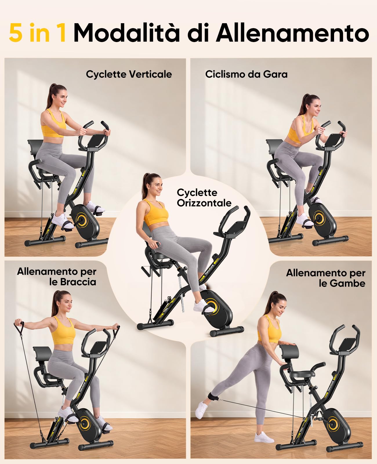 Nuova Toputure Cyclette da Casa Pieghevole con APP, Cyclette Pieghevole 5 in 1 con 16 Livelli di Resistenza, Display LCD e Cardiofrequenzimetro, Fasce Elastiche, Ultra Silenziosa, Portata 150 kg