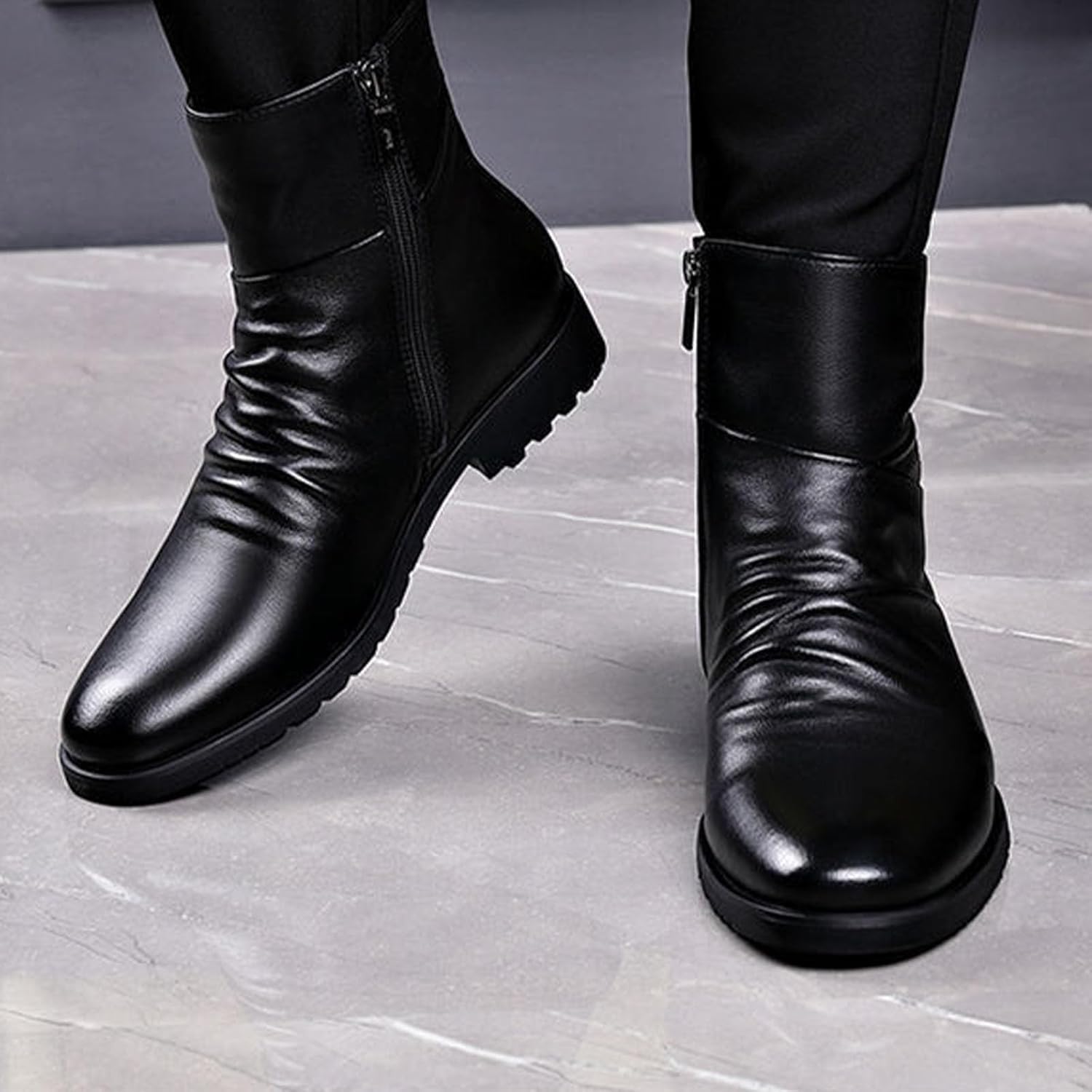 Keilinia Men's Black Leather High-top Dress Ankle Boot,2023 New Fall Winter Fashion Zip Plain Toe Business Casual Short Boots - Image 7