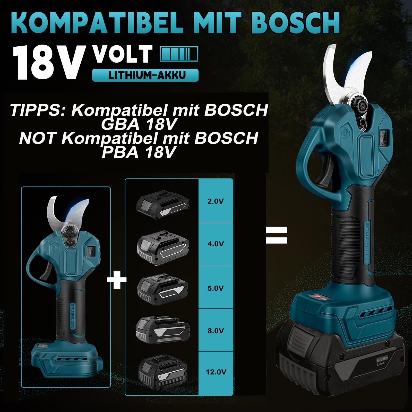 Akku Astschere Elektrische Gartenschere 45mm kompatibel mit bosch GBA 18V Akku Bürstenlosen Motor Elektrisch Astsäge Batterie Schere LCD zum Beschneiden von Bäumen Obstbäumen (ohne Akku)