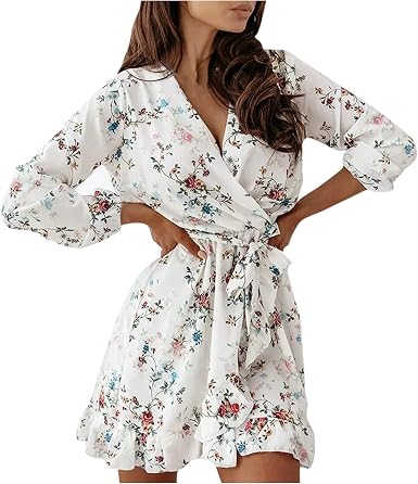 Amazon.com: Homisy Vestido de moda para mujer, lindo y casual, hermoso  estampado de flores, cuello en V, vendaje encogido, puños con volantes,  elegante mini vestido corto : Ropa, Zapatos y Joyería