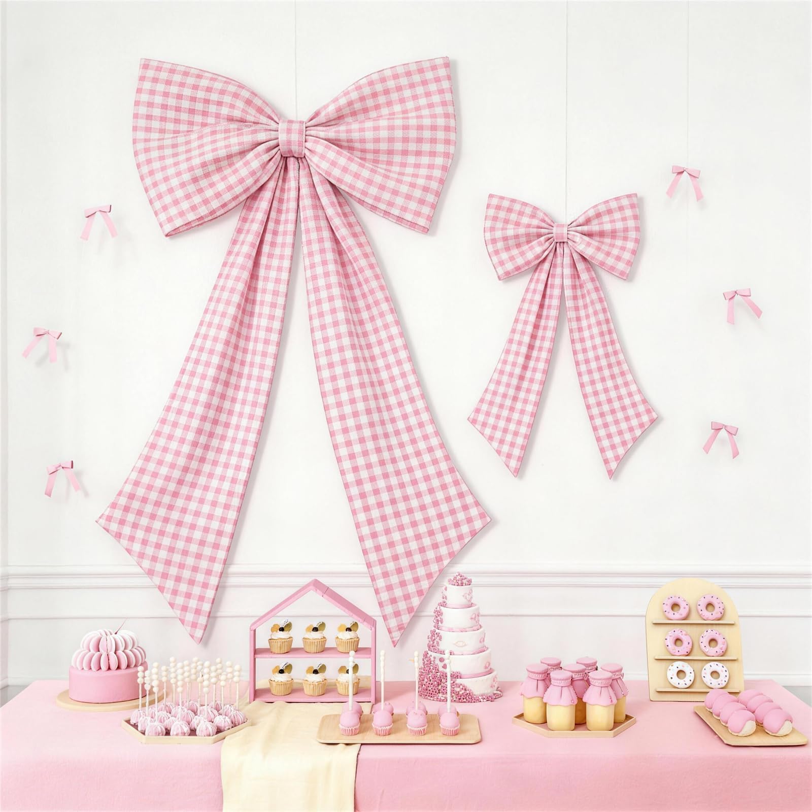 View 1 of Vibzox Pink Checkered Bow Decor 2 Pack, Large Small Size Bow Wall Decor