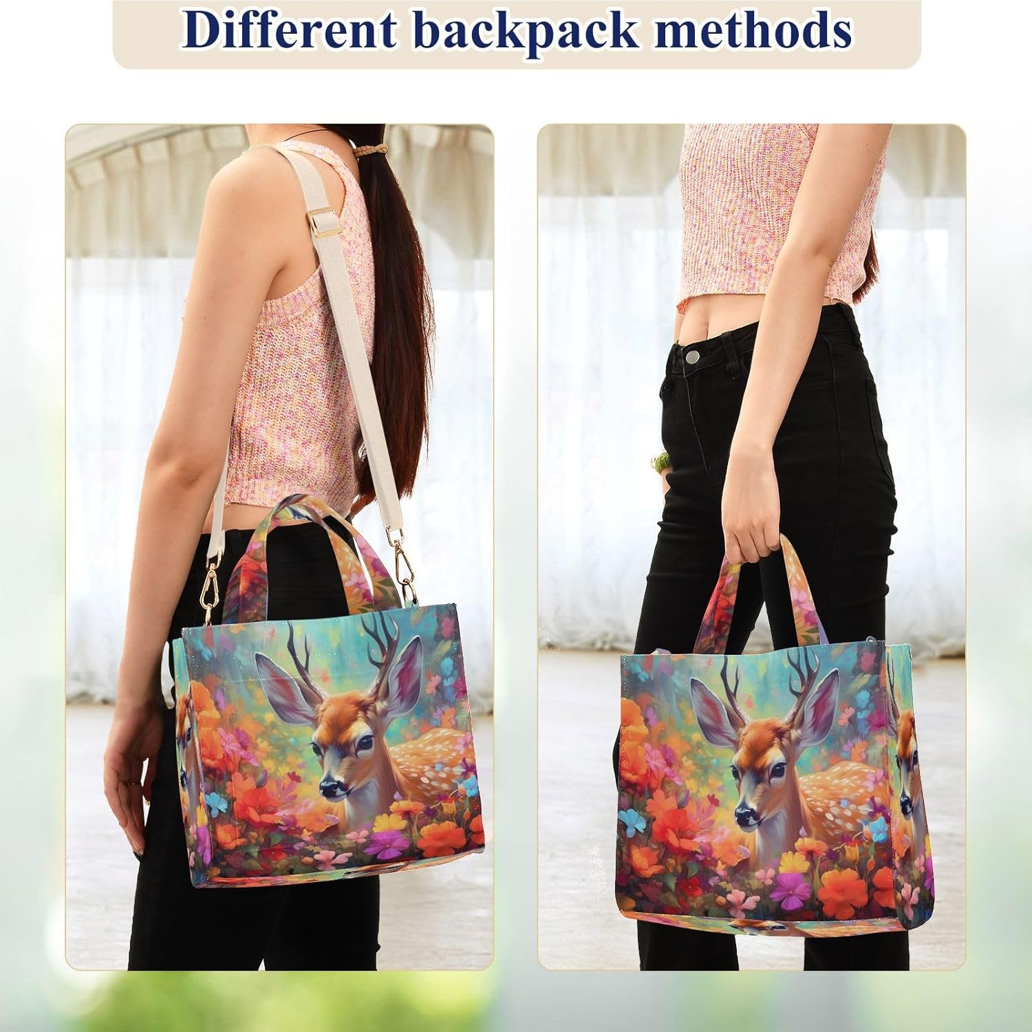 Corduroy Women Tote Bag - Cub Deer Floral, Handbag Purses with Detachable Strap