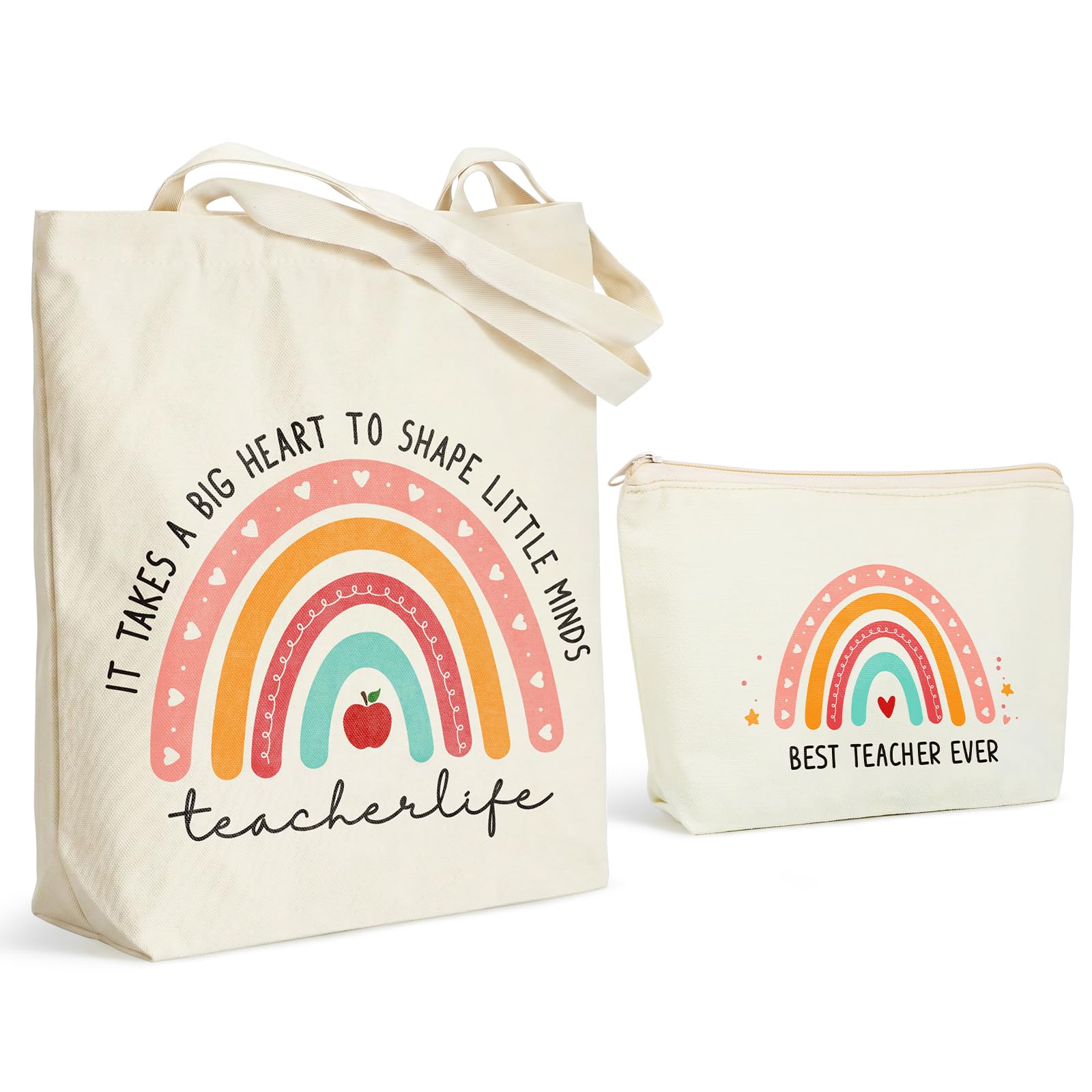DOORIO Teacher Gifts for Women, Teacher Appreciation Gifts Rainbow Canvas Tote Bag and Pouch Set for Nursery Primary School Teachers End of Term Appreciation Present