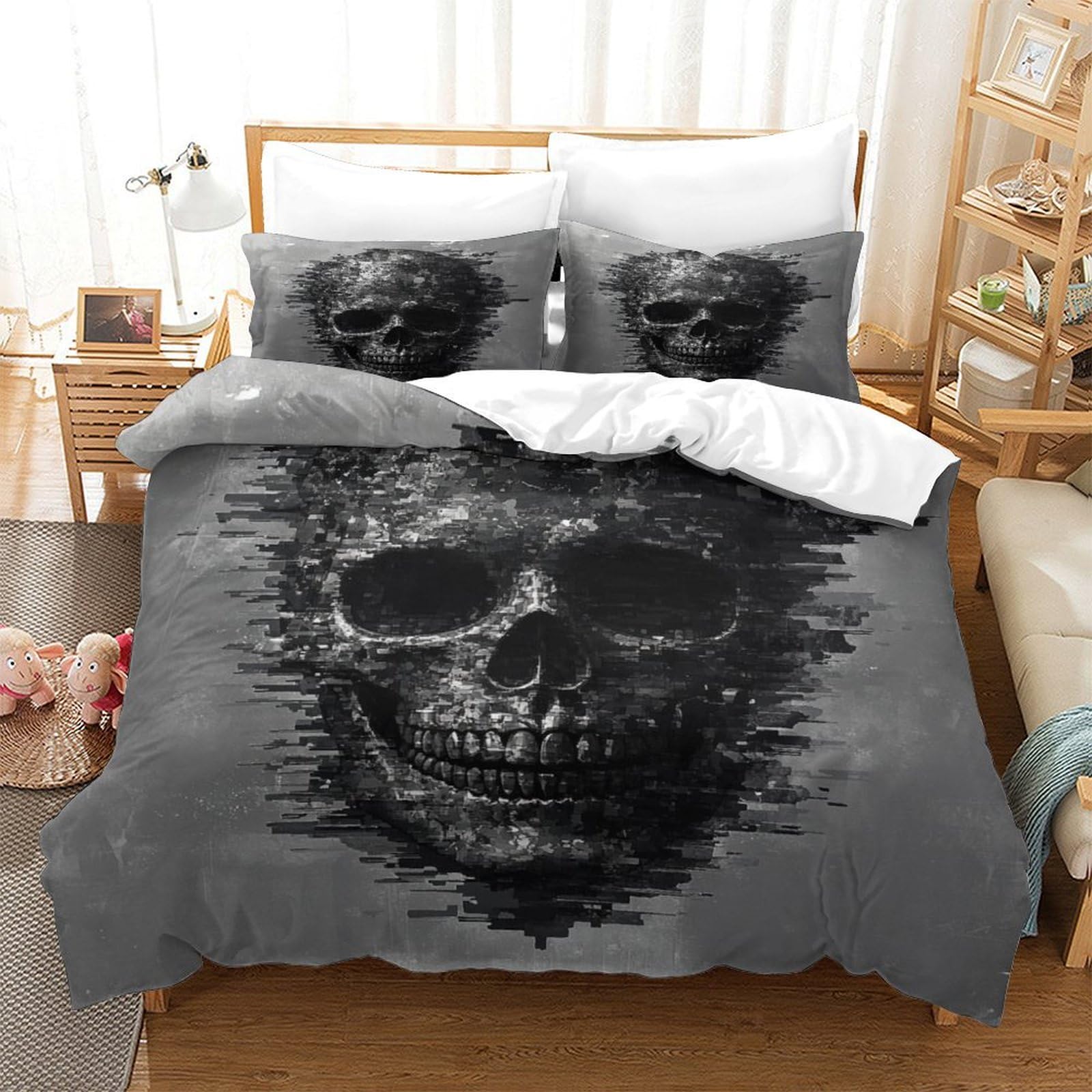 P1s9u7w5y Skull-8 Dark Skull 3D Printed Duvet Cover Set 3Pcs Microfiber Gothic Skull Bedding Set Super King（260X220cm）