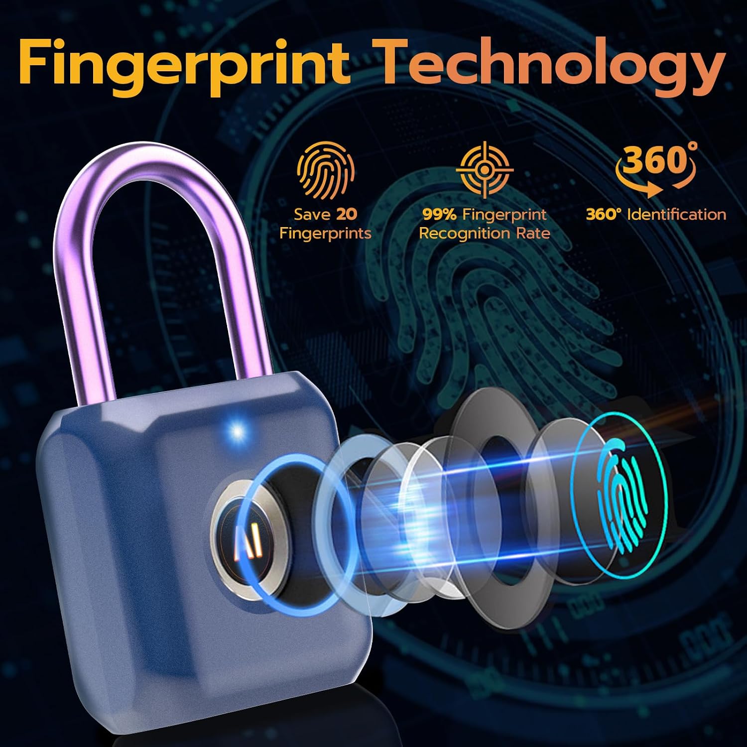 Pothunder Fingerprint Padlock, Smart Padlock, Locker Lock, Biometric Metal Keyless Fingerprint Lock, USB Rechargeable, for Gym Locker, Luggage, Backpack(Blue)