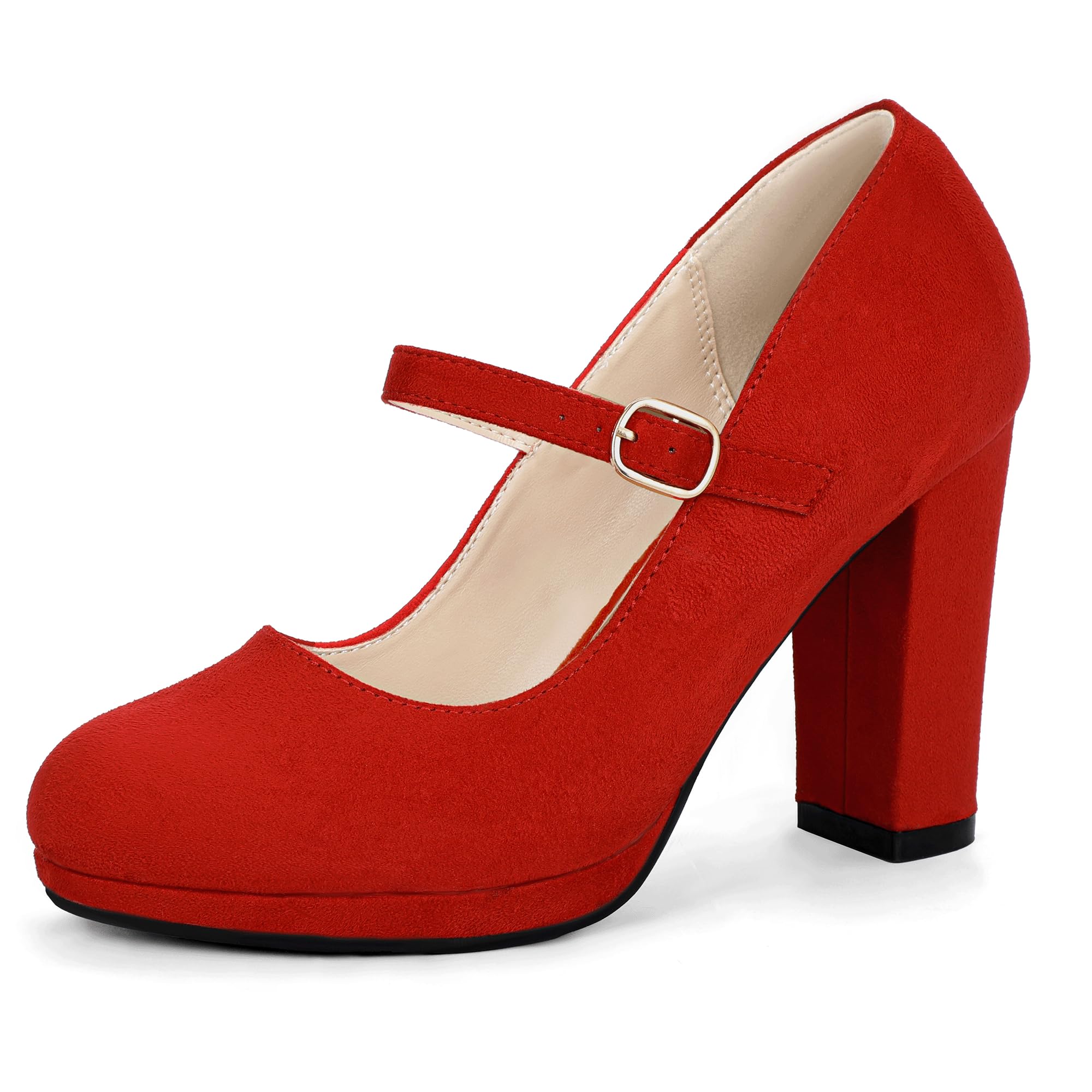 IDIFU IN4 Mary Jane Shoes Closed Toe Heels Platform High Chunky Block Heels Women's Pumps Comfortable Dress Shoes for Women Wedding Bridal Work Fashion Round Toe Pumps Shoes: 10 Red Suede