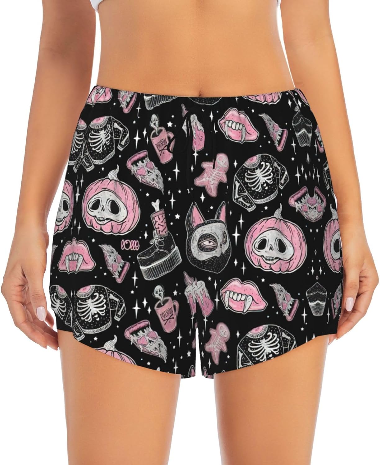 Halloween Pumpkin Cat Print Womens 2 In1 Running Athletic Workout Yoga Shorts with Pockets Gym Elastic Workout Shorts