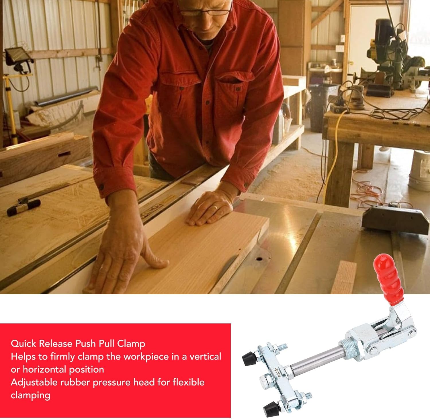 Push Pull Clamp Double Headed 65.5mm Stroke 318kg Clamping Force Quick Release Toggle Clamp with Adjustable Rubber Heads for Welding, Fixtures and Router Tables