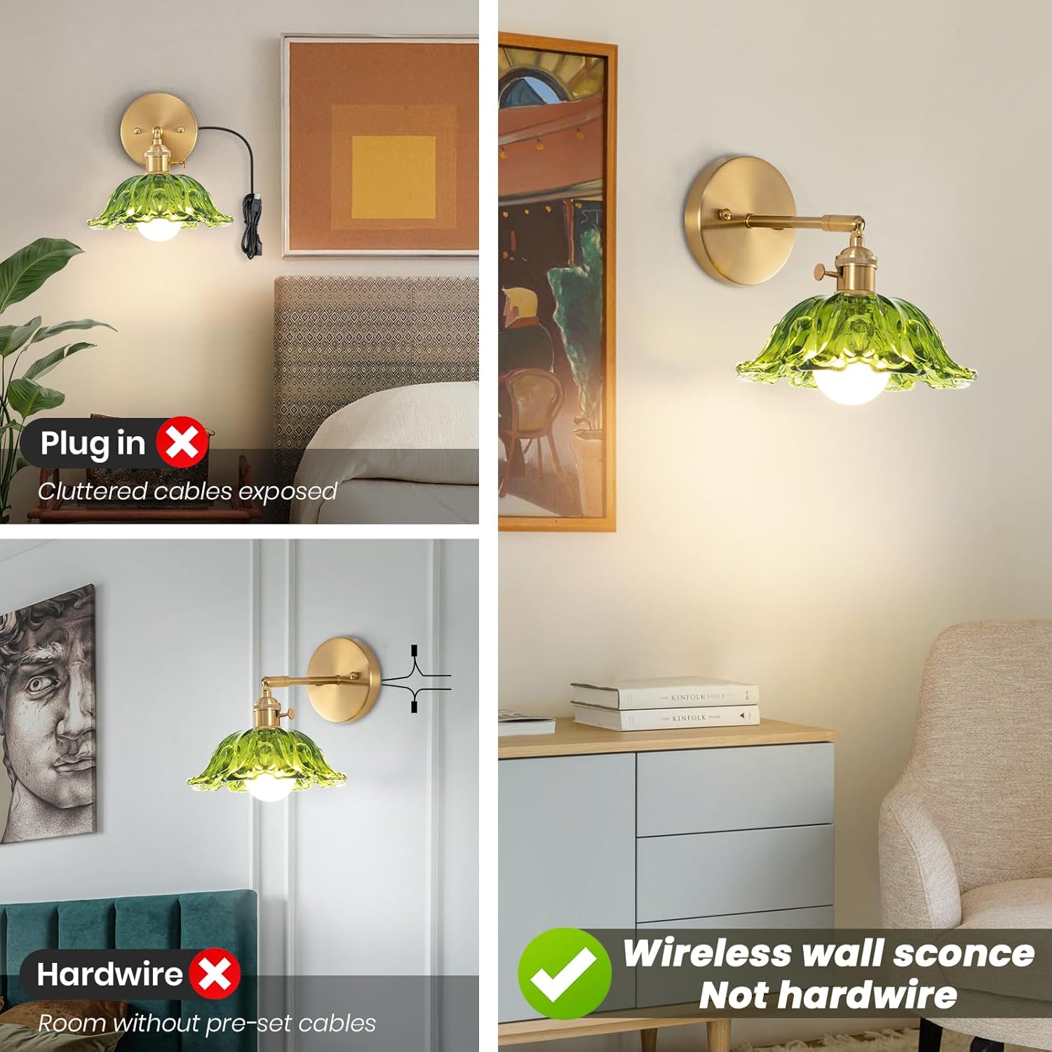 Vintage Wall Sconce, Battery Operated Wall Sconce with Green Glass Lampshade, Indoor not Hardwired Wall Sconces with Remote, Rechargeable RGB Vintage Wall Lamp, for Bedroom Living Room, etc