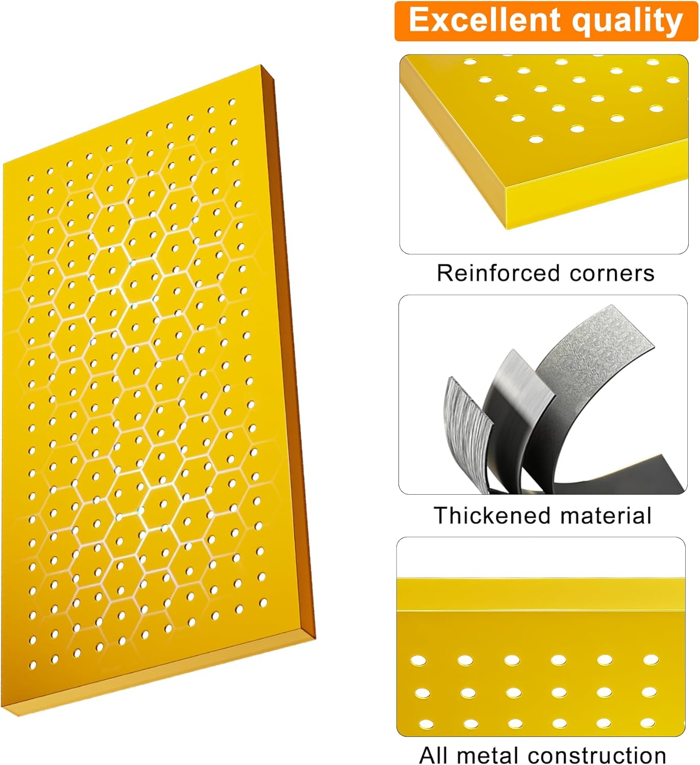 Metal Peg Board Panels for Workbench, Shop, Shed Modular Peg Board Organizer Board Kit, pegboard Wall Organizer(4 Pack, Yellow)