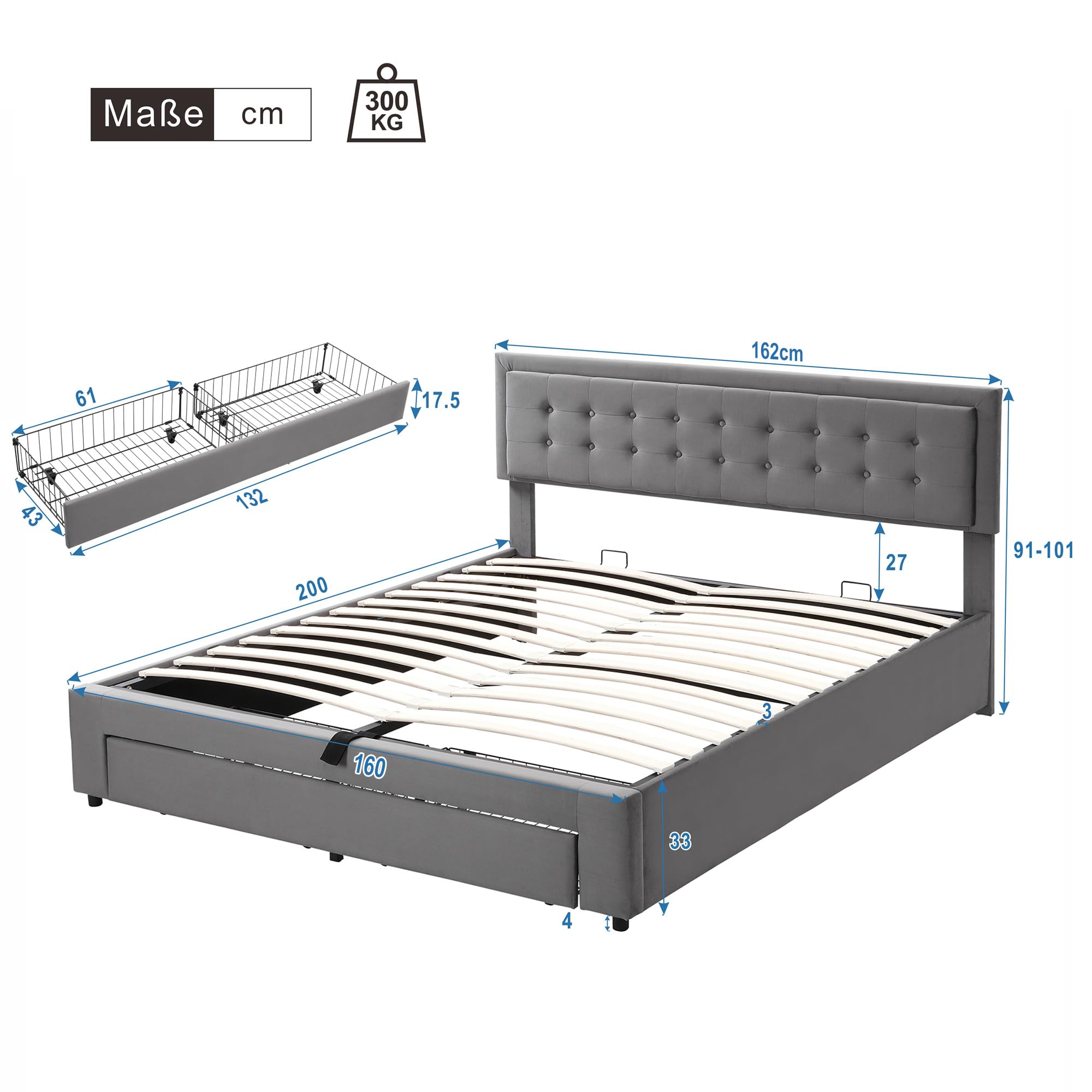 Letto imbottito idraulico con testiera regolabile in altezza cassetti bed matrimoniale per adulti letti contenitore box rete a doghe in legno beds per ospiti senza materasso grigio 160x200 cm