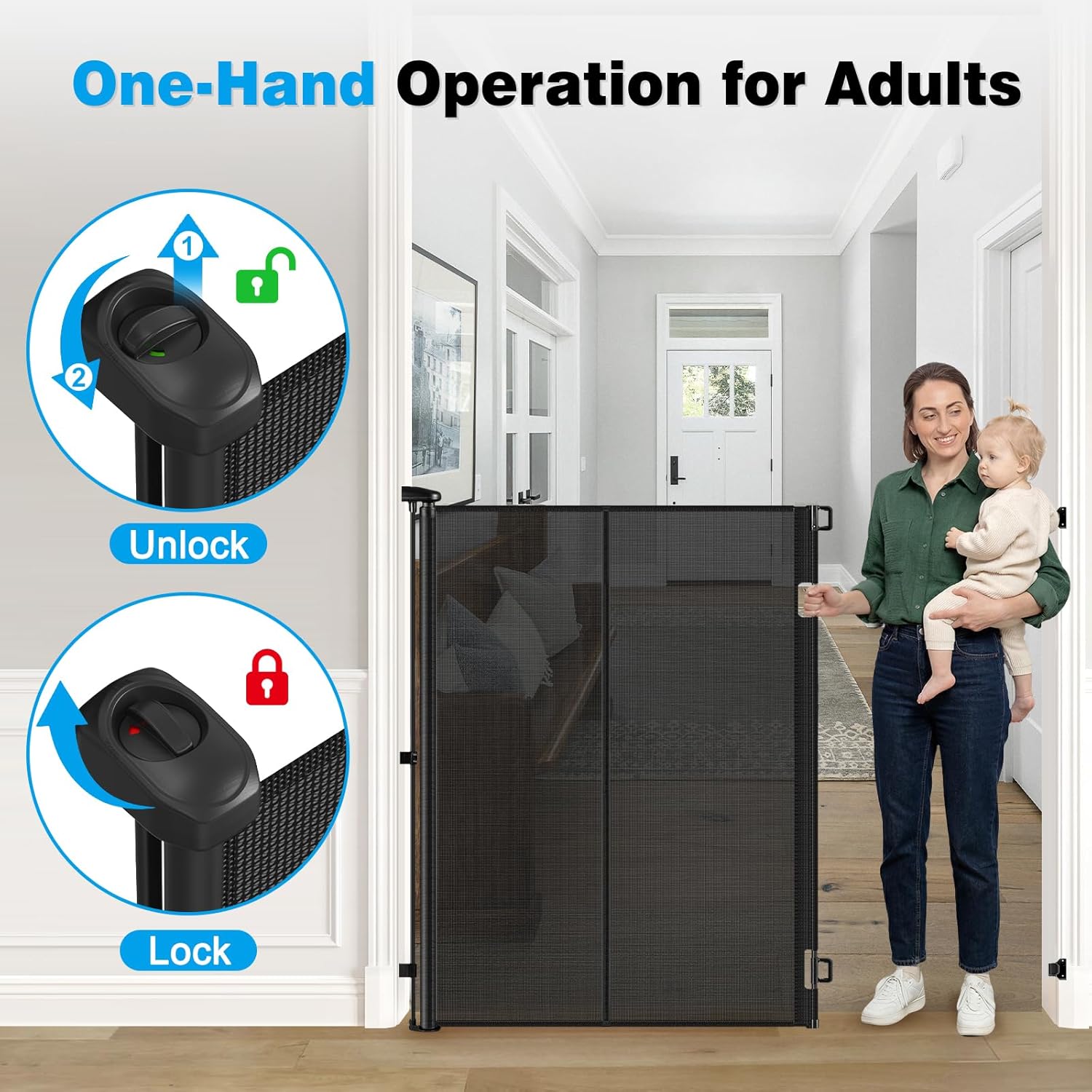 Reinforced 52" Extra Tall Baby Gate for Doorway, Jump-Resistant & Prevent Crawling Underneath Retractable Dog Gates Indoor, 0-55" W Retractable Baby Gate for Doorway, Safety Extra Tall Cat Gate, Black